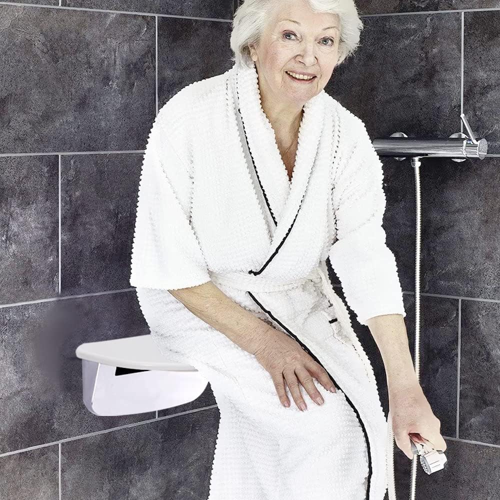 GOVITA Foldable Shower Seat - Wall Mounted Bathroom Shower Bench, White, 130kg/286lbs Weight Capacity - Ideal for Elderly, Disabled & Post-Surgery Bathroom Safety