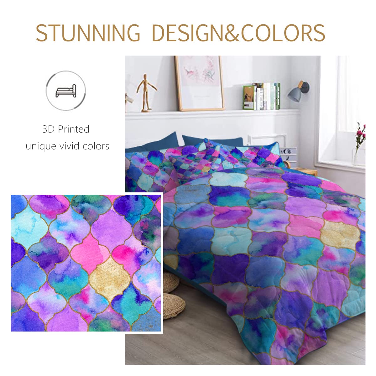 BlessLiving 8-Piece Boho Comforter Set Full Size - Mediterranean Style All Season Bed in a Bag with Down Alternative Comforter & Sheets (Purple, Blue, Pink) for Cozy Bedroom Decor & Guest Room Makeover