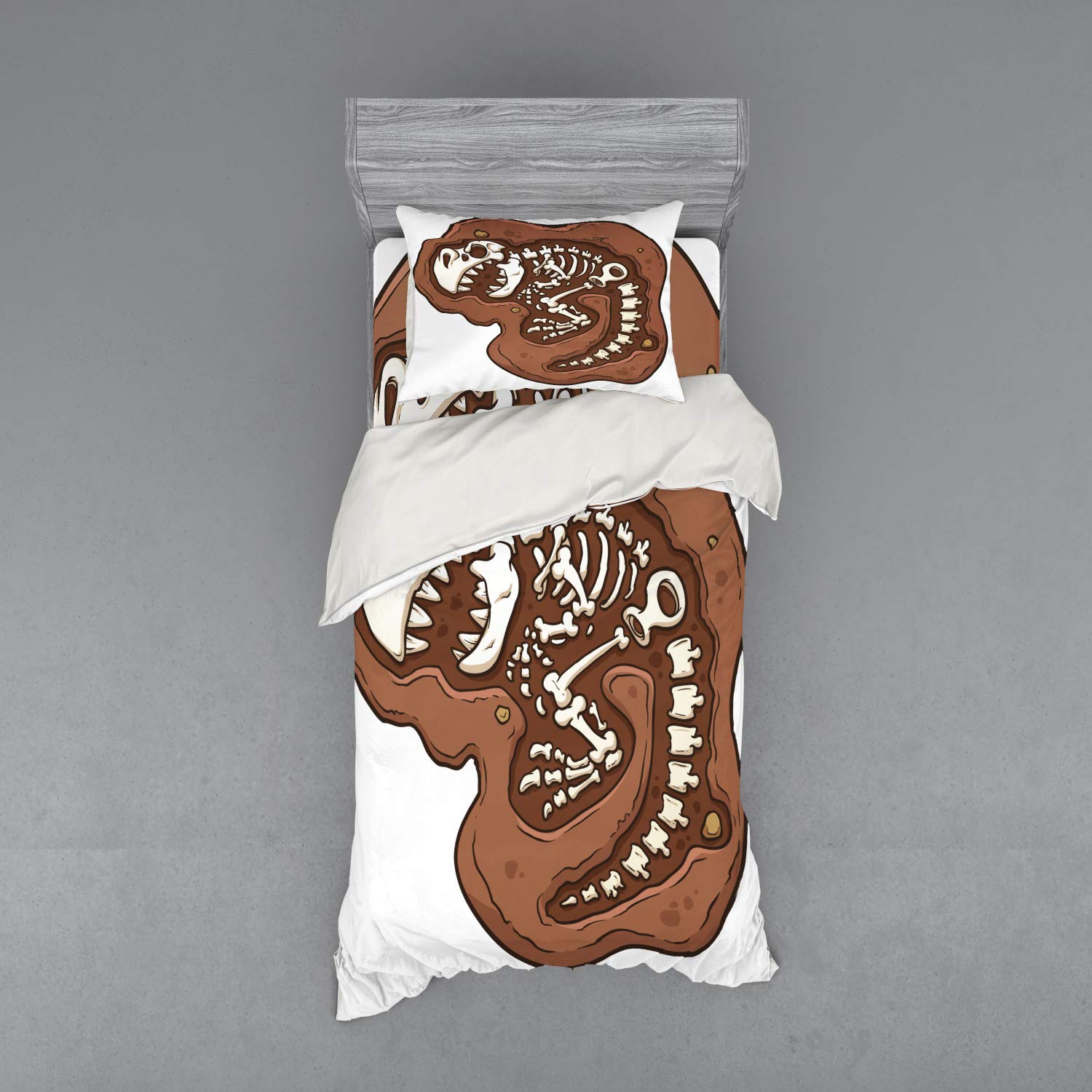 Ambesonne Dinosaur Duvet Cover Set - 3 Piece T-Rex Fossil Archaeology Bedding with Sham & Fitted Sheet, Twin Size Brown & White | Prehistoric Theme Kids Room Decor, Dinosaur Lover Gift, Jurassic Bedroom Design