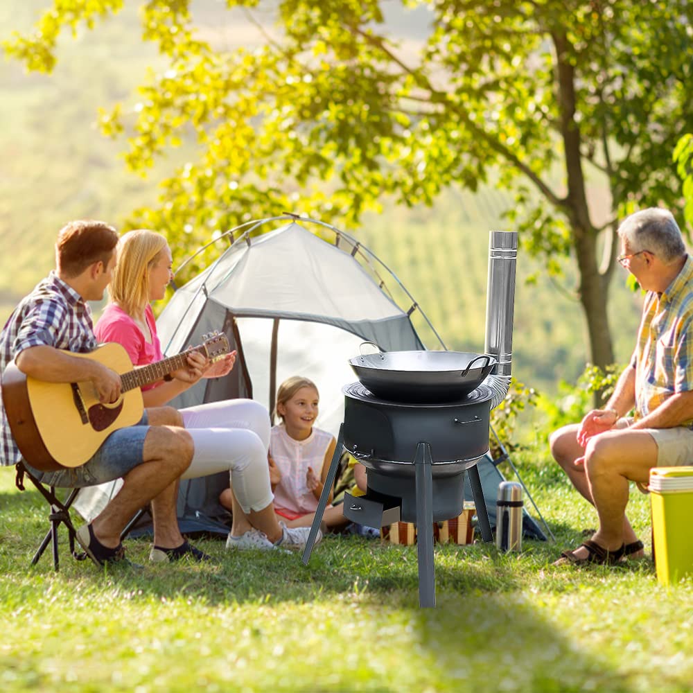 Portable Iron Wood Stove for Camping - Multifunctional Removable Firewood Cooking Stove with 3 Oven Rings (43cm) - Perfect for Outdoor Cooking, Tent Heating, Fishing Trips & Backpacking Adventures
