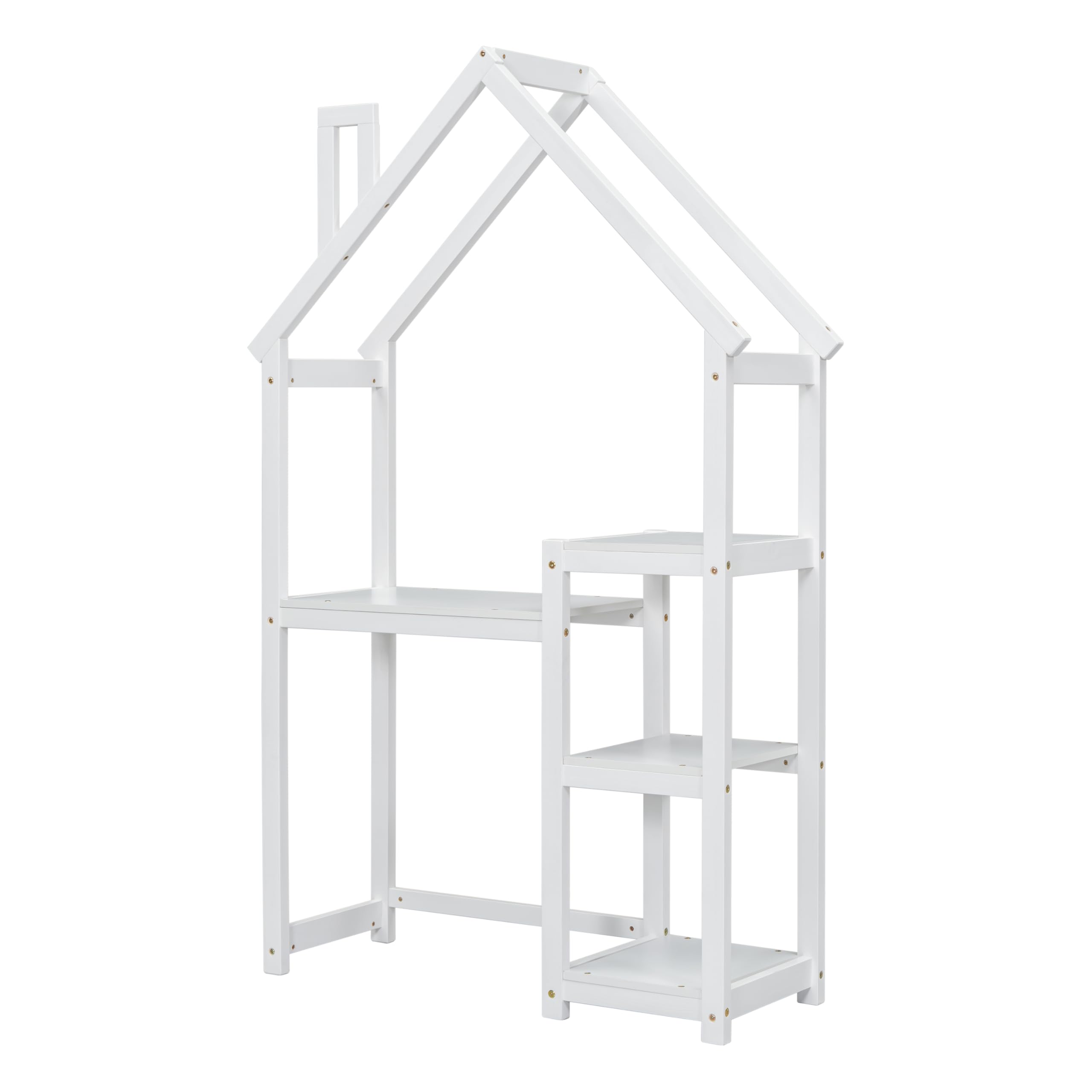 Kids Wooden House-Shaped Writing Desk - Multi-Functional Study Table with 3-Tier Storage Shelves, Open Bookshelf & Toy Organizer - Perfect for Bedroom, Playroom & Homeschooling (White)