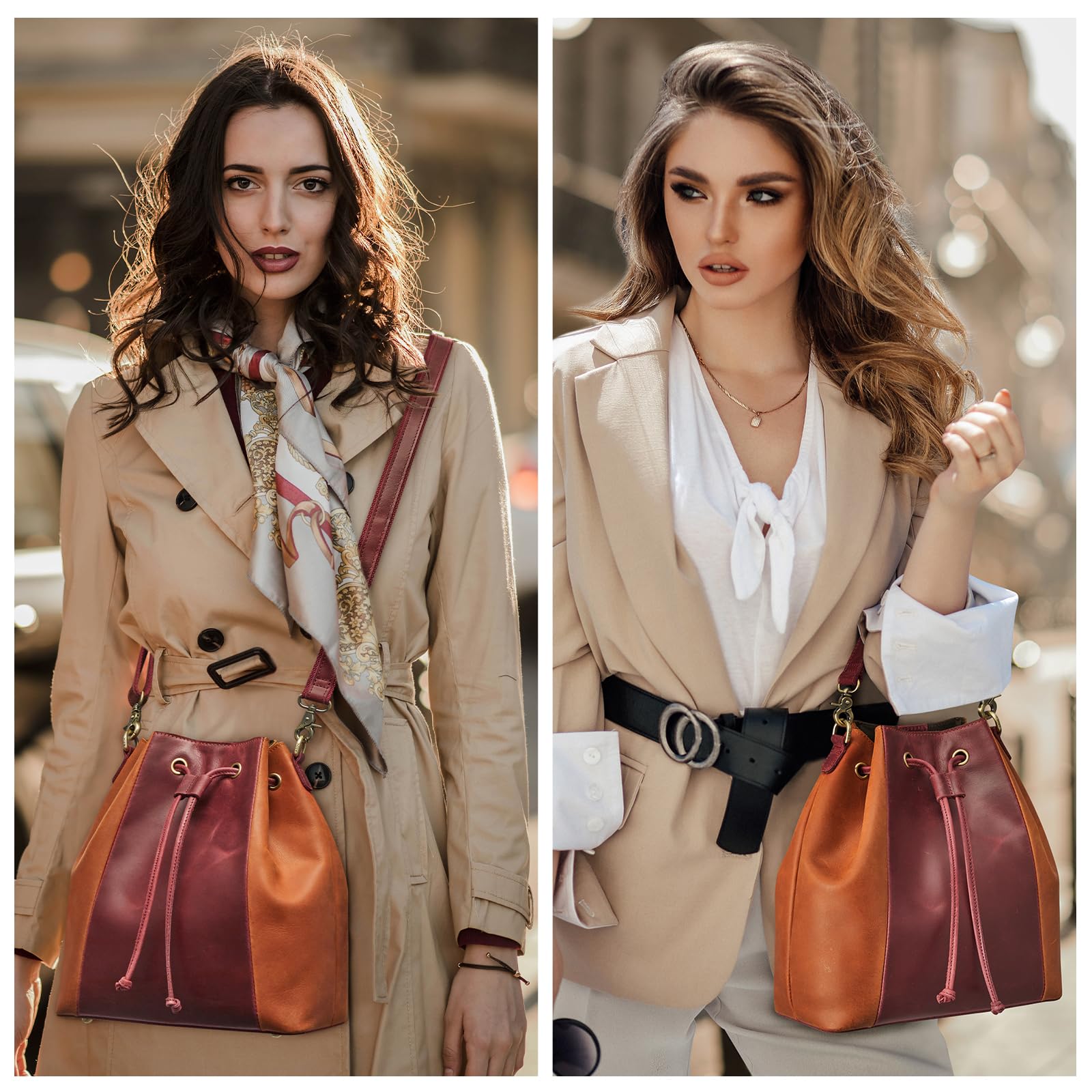 Genuine Leather Bucket Bag for Women - Drawstring Crossbody Purse with Adjustable Shoulder Strap & Top Handle | Perfect for Work, Travel & Everyday Use