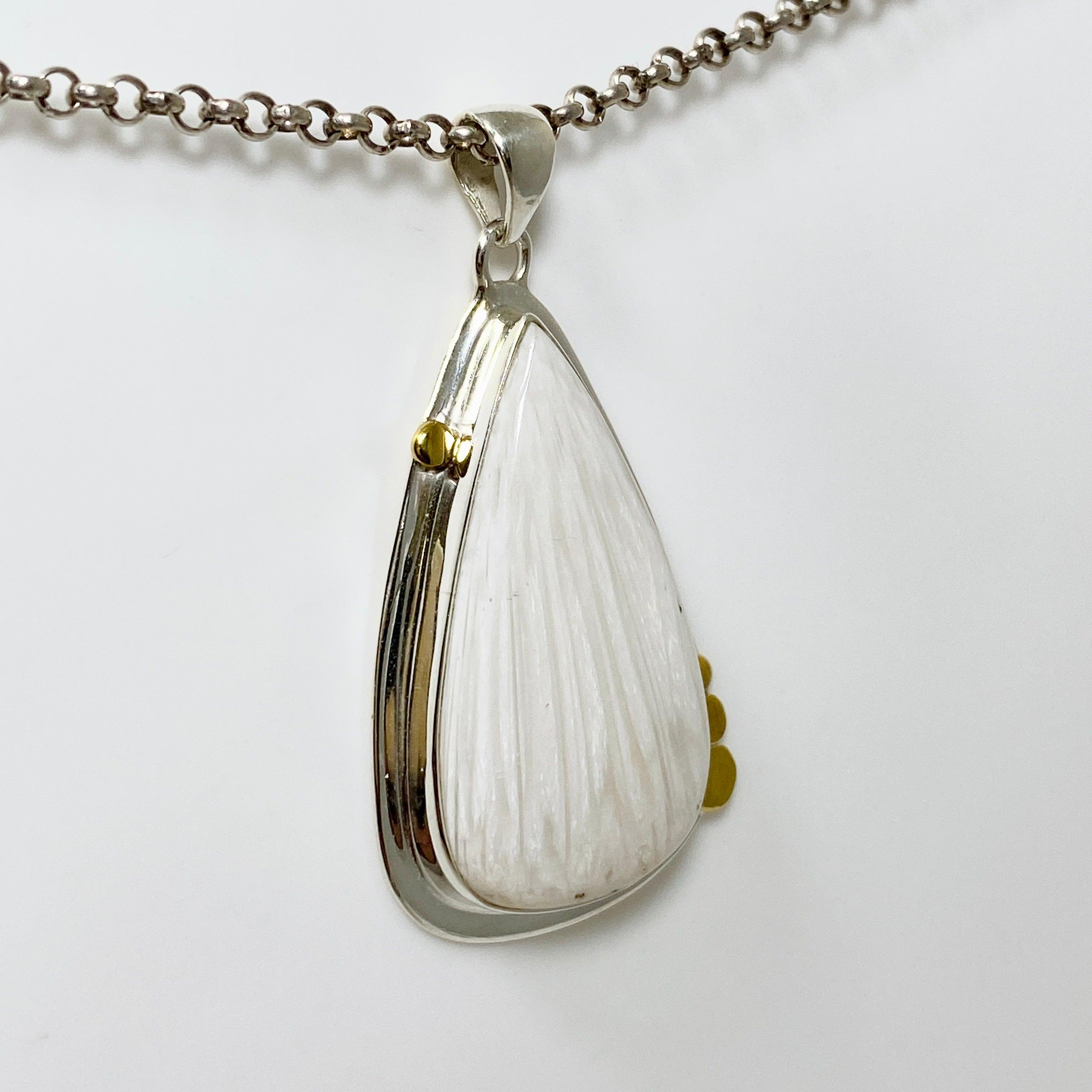 Natural Scolecite Teardrop Pendant Necklace in Sterling Silver Setting - Healing Crystal Jewelry for Meditation, Energy Balancing & Spiritual Gifts (KPGJ4509)