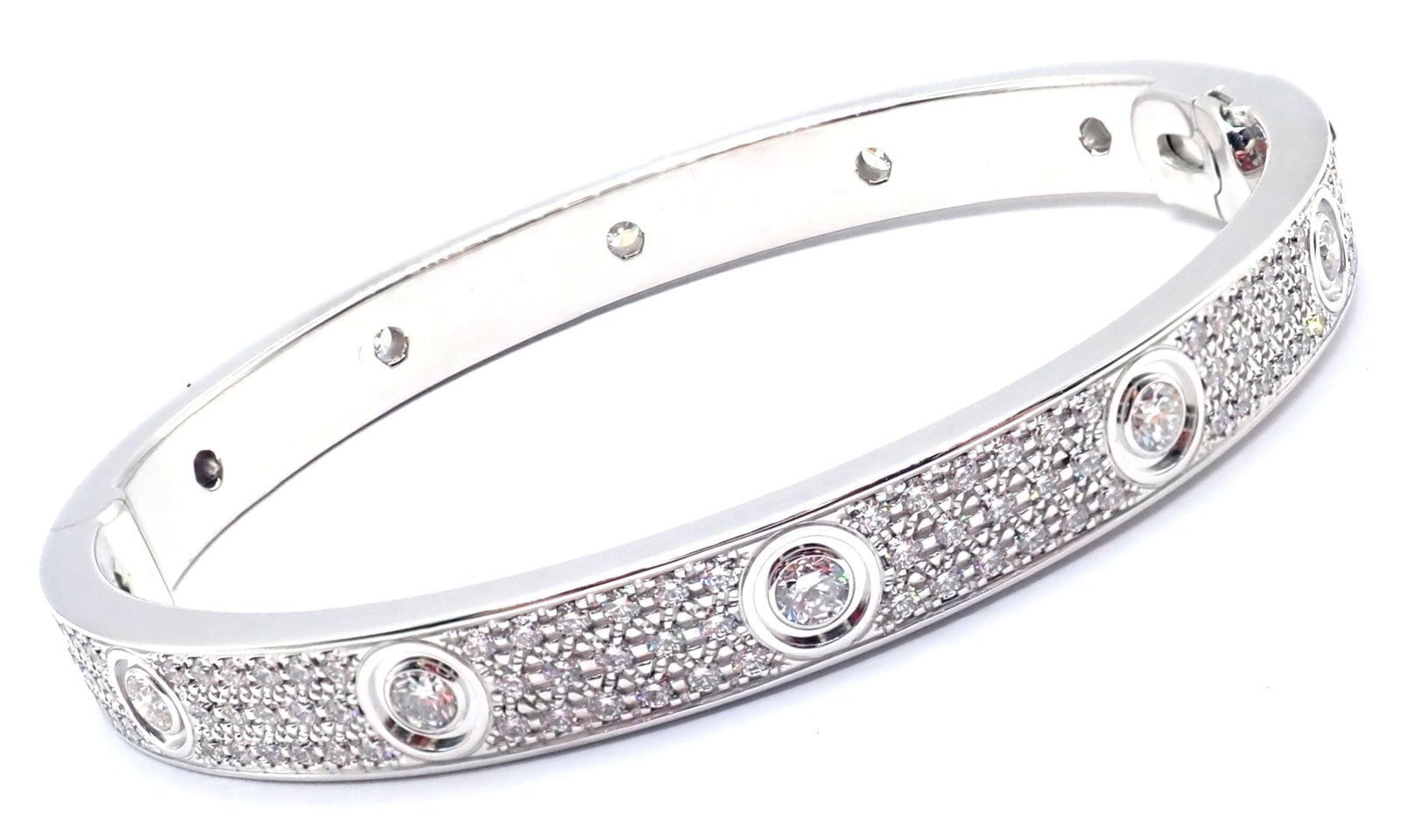 Authentic Cartier Love 18K White Gold Diamond Pave Bangle Bracelet Size 17 - Luxury Jewelry Gift for Women, Anniversary & Special Occasions