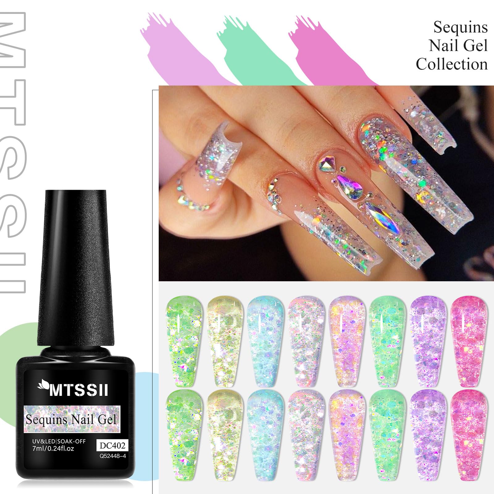 MTSSII 8Pcs Jelly Glitter Gel Nail Polish Set - Pink Blue Green Purple for DIY Nail Art at Home