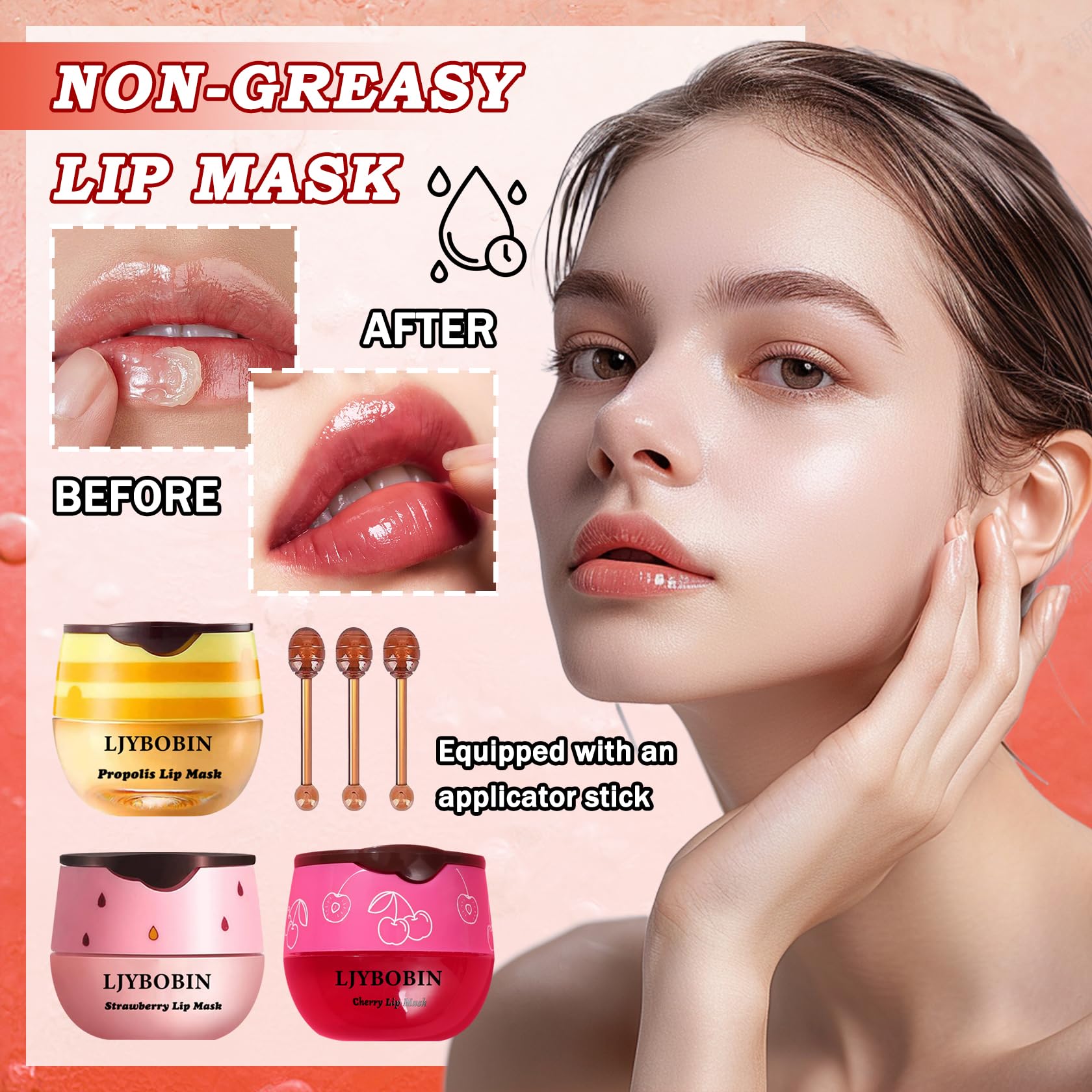 3PCS Bee Lip Balm Set - Honey Pot with Brush, Hydrating Day & Night Lip Mask, Tinted Lip Balm (Honey, Strawberry, Cherry) - Non-Greasy Exfoliator & Moisturizer for Dry Lips - Perfect for Daily Care, Gifts & Travel