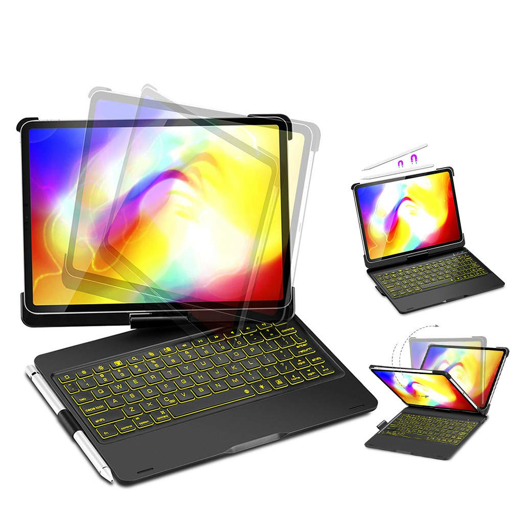 iPad Pro 11 Case with Keyboard (2018-2024 Model) - 360° Rotatable Wireless Bluetooth Backlit Keyboard - 17 Color LED Backlight - Auto Sleep/Wake - Apple Pencil 1st/2nd Gen Charging Support - Perfect for Work, Study & Travel - Black
