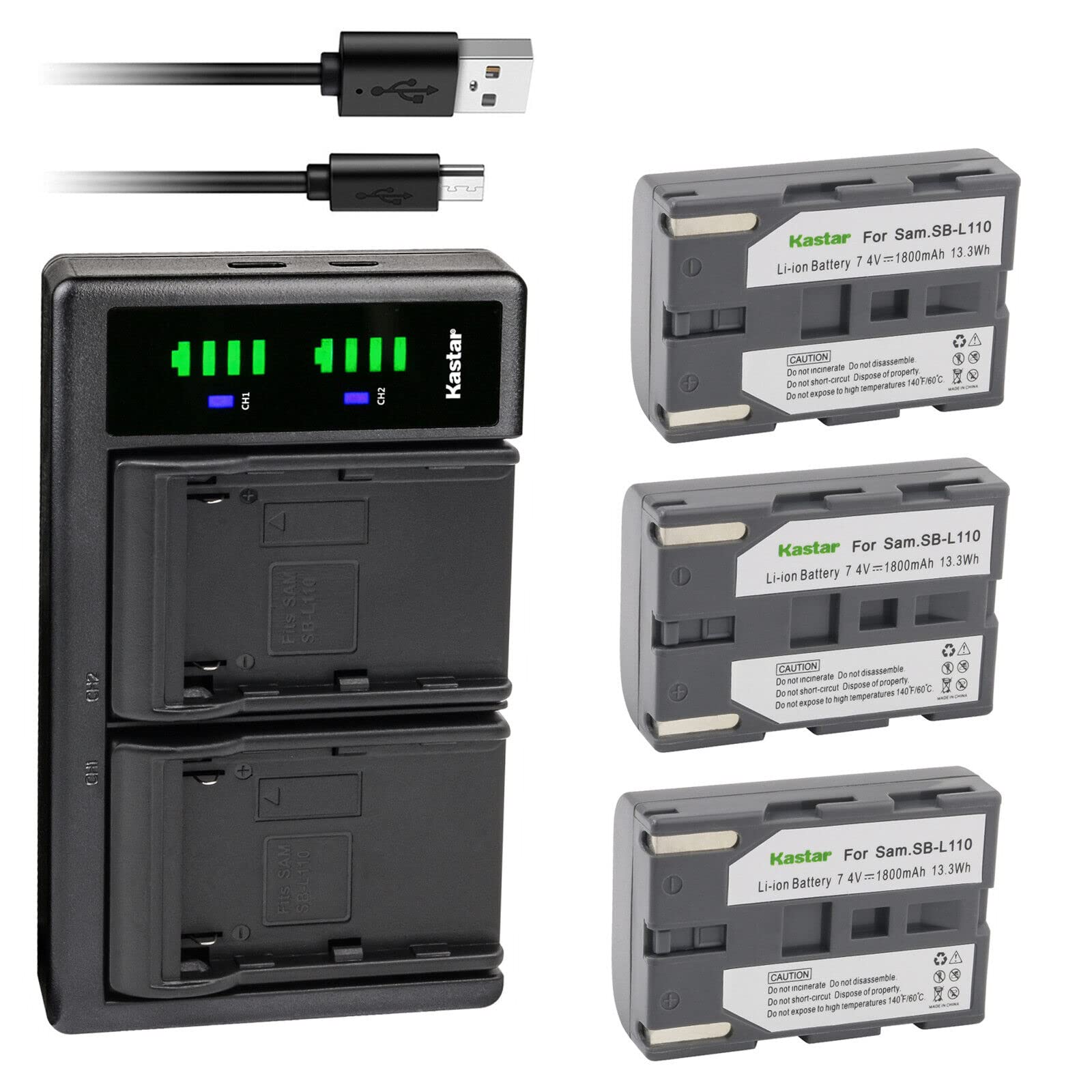 Kastar 3-Pack SB-L110 Replacement Battery & LTD2 USB Charger for Samsung VP-D105/D107/D11/D130/D15/D190/D200/D21/D23/D230/D24/D250 Camcorders - Perfect for Travel Vlogging & Outdoor Filming