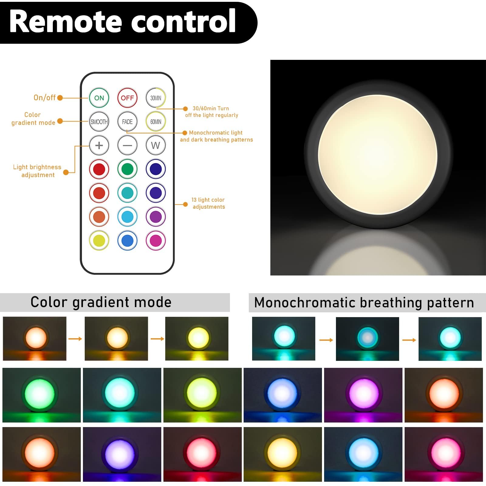 WUYOR 6-Pack Wireless Under Cabinet LED Lights with Remote - 16 Color Changing RGB Puck Lights for Kitchen, Wardrobe & Counter Lighting (Black)