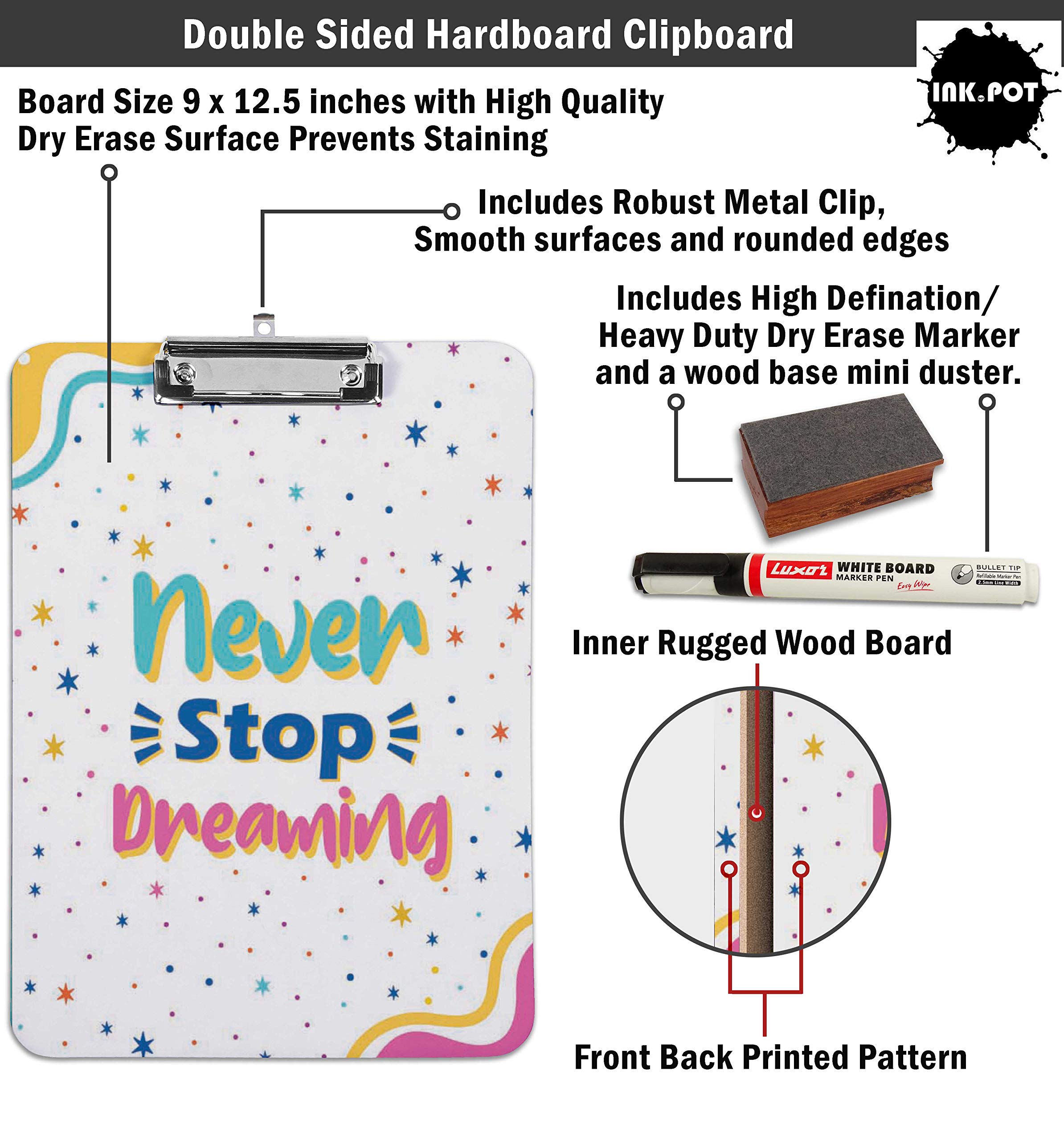 Double Sided Dry Erase Clipboard - Letter Size 9x15 with Marker & Duster for Office & School