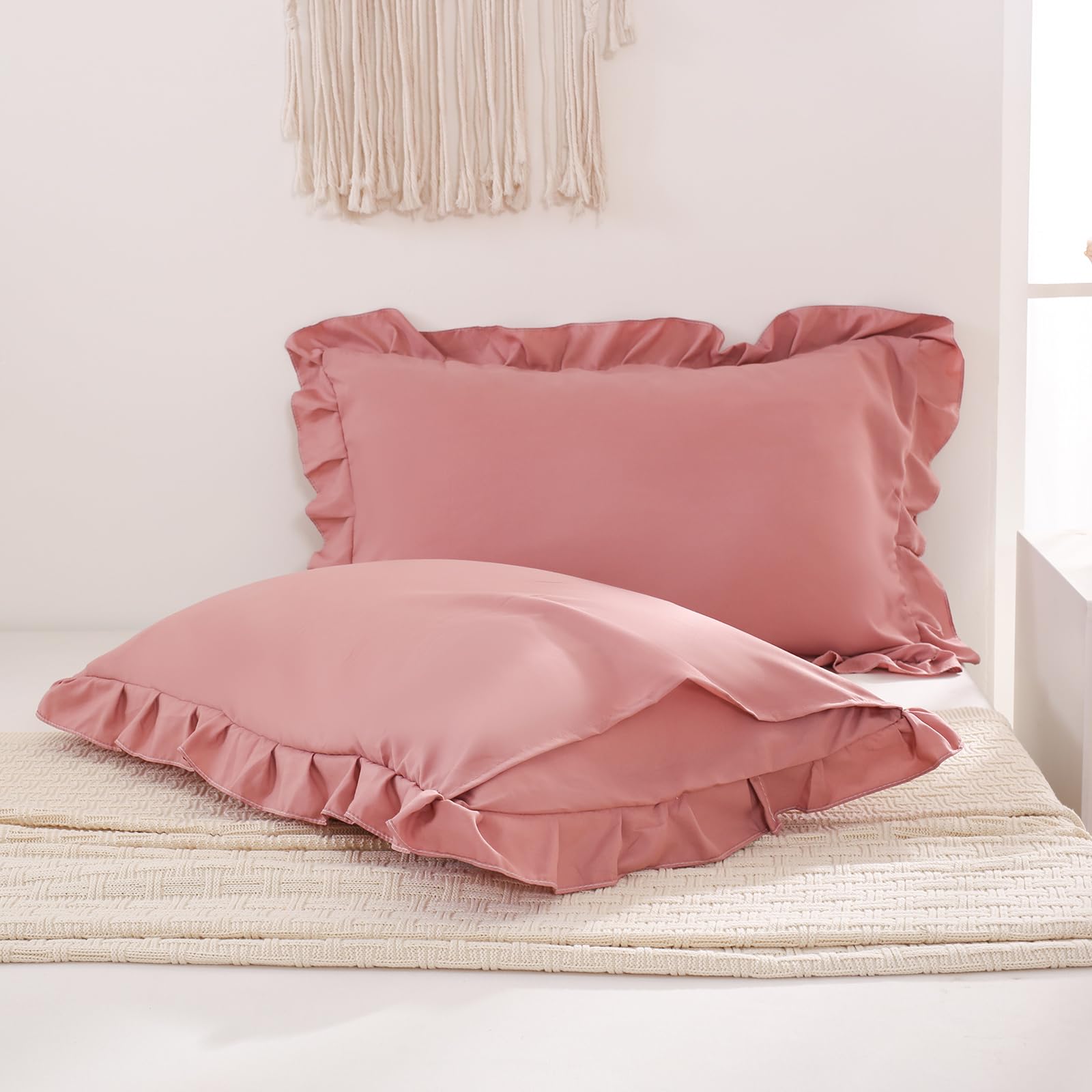 Pink Mocha Pillow Shams - Soft Ruffled Standard Pillowcase Set of 2 (Queen 20x30 Inches) - Shabby Chic Bedding, Solid Pink Pillow Covers for Cozy Bedroom Decor & Guest Room Styling