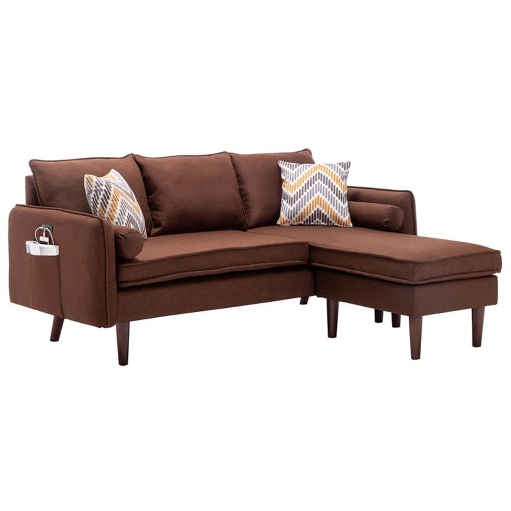 Lilola Home Mia Brown Sectional Sofa Chaise with USB Charger & Pillows - Modern L-Shaped Couch for Living Room, Family Room & Small Spaces - Perfect for Relaxing, Entertaining & Charging Devices