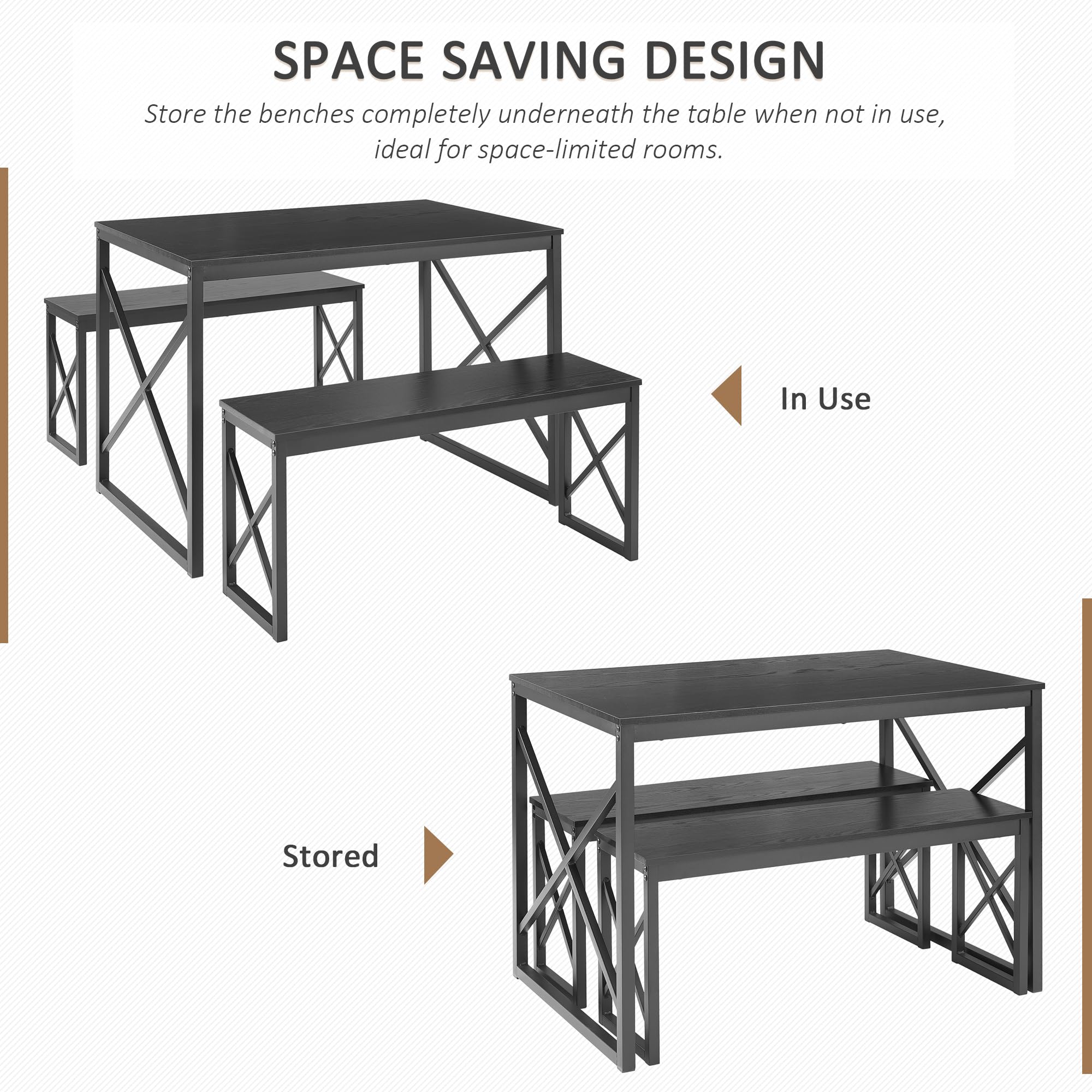 VECELO 4-Person Wood Dining Table Set with 2 Benches, Black Metal Frame Kitchen Table for Small Spaces - Perfect for Breakfast Nook, Apartment Dining & Compact Homes