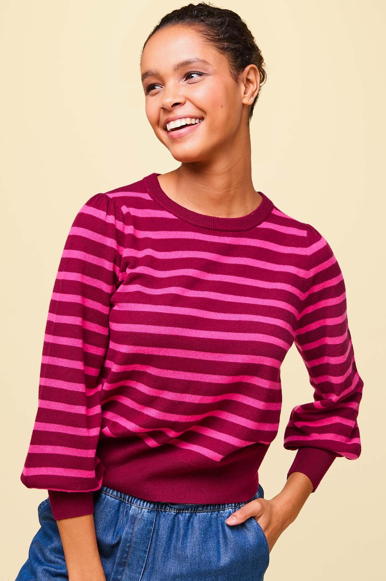 Premium Merino Wool Striped Crew Neck Sweater for Women - Wine & Pink Colors | Cozy Winter Wear, Casual Outfits, Office Attire