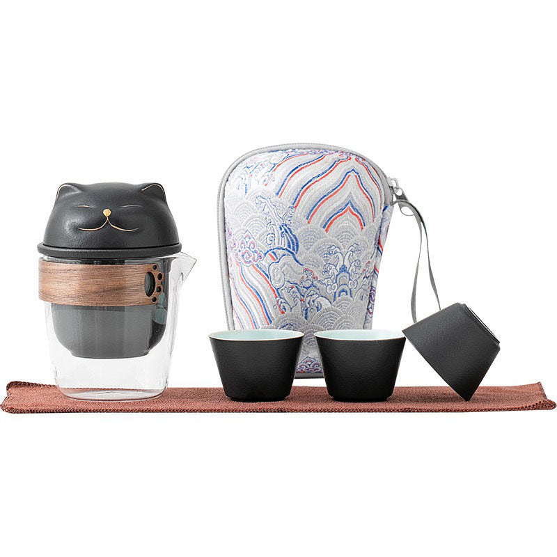 Maneki Neko Fortune Cat Travel Tea Set - Japanese Lucky Cat Ceramic Tea Cup with Infuser | Perfect for Office, Home, and Travel Use
