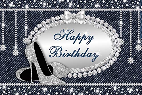 Yeele 10x8ft Vinyl Happy Birthday Party Backdrop - Denim & Diamonds Crystal Shoes Theme Photo Background for Women's Birthday, Photography Studio Props | Perfect for Photo Booth, Ladies Party Decorations & Social Media Shoot