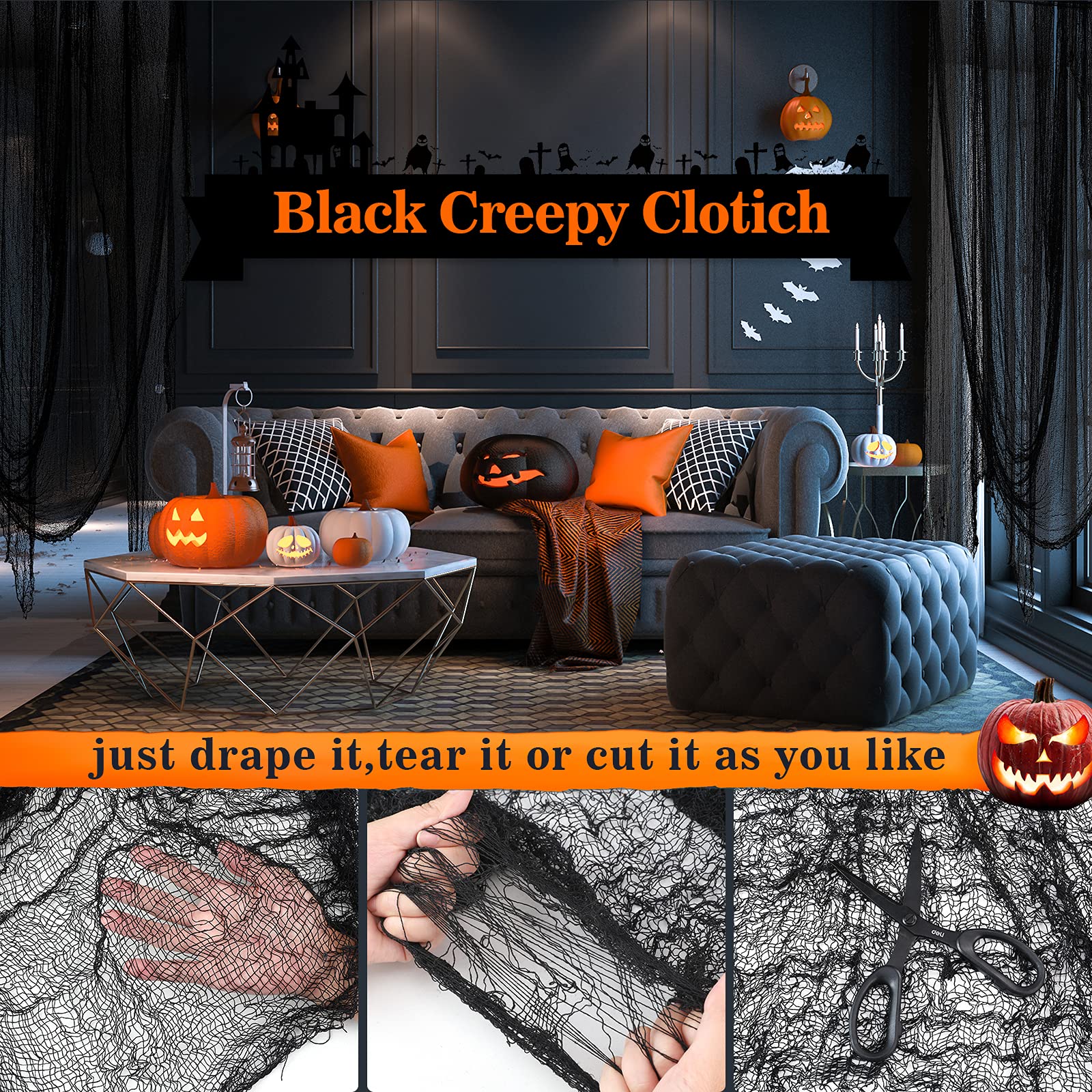 Halloween Creepy Cloth Black 80×160 Inch - Scary Spider Web Decor for Outdoor & Indoor - Perfect for Halloween Party Decorations, Haunted House Props, and Spooky Yard Displays