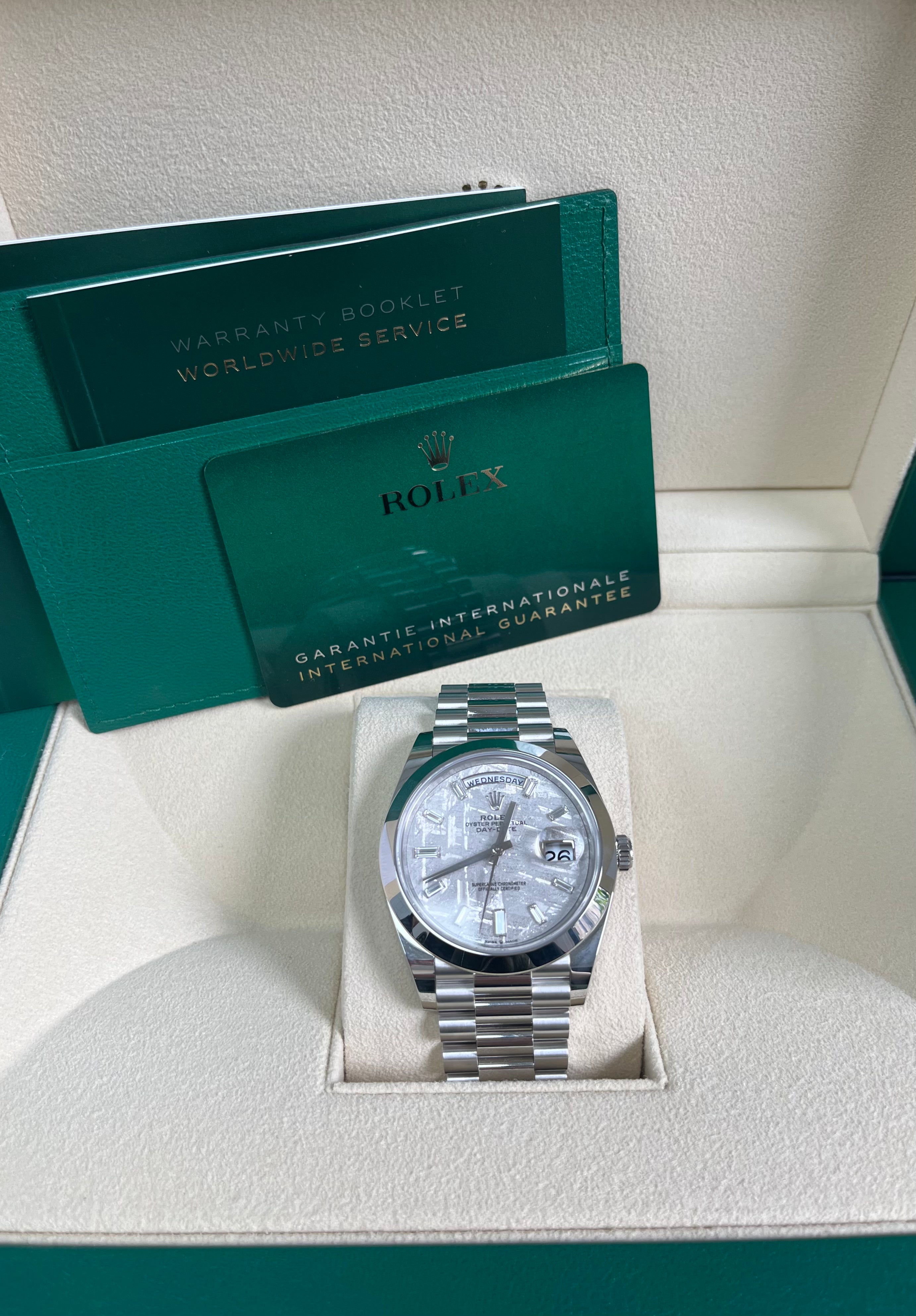 Rolex Day-Date 40 Platinum Watch with Meteorite Baguette Diamond Dial & President Bracelet – Luxury Dress Watch for Business & Formal Events (Model 228206)