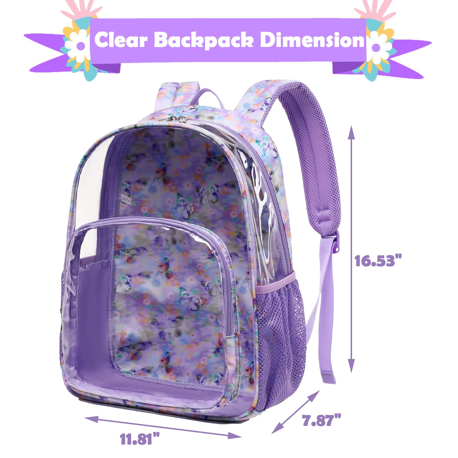 Kimwadalh Clear Backpack for Girls - Purple Butterfly TPU Transparent School Backpack, Heavy Duty See-Through Bookbag for College, Work, Security & Travel | Perfect for School, Concerts, Stadium Events & Airport Security