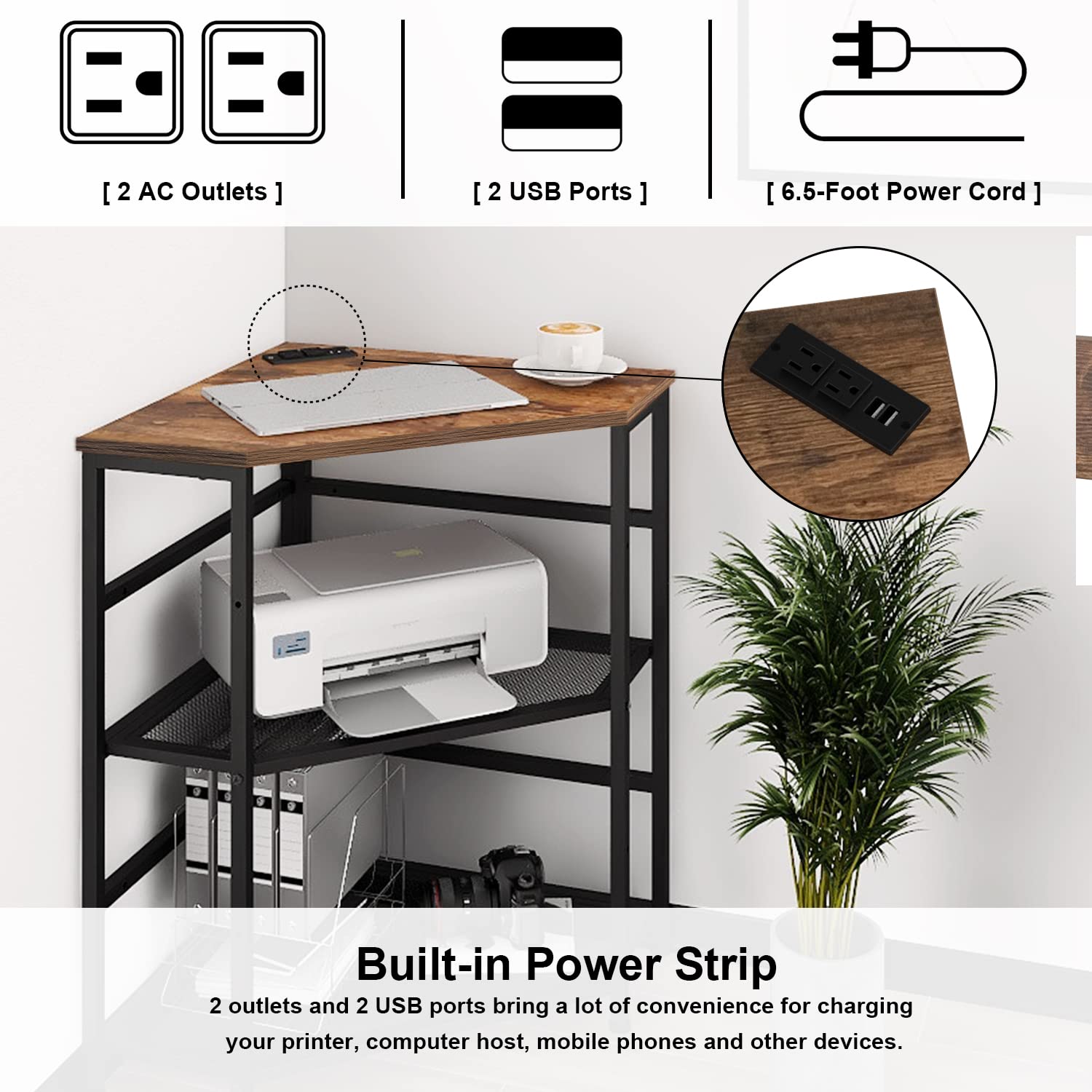 VEDECASA Corner Printer Stand with Power Outlet & USB Ports - Adjustable Storage Shelf & CPU Tower Holder - Home Office Desk Organizer (Brown) - Perfect for Small Spaces & Cable Management