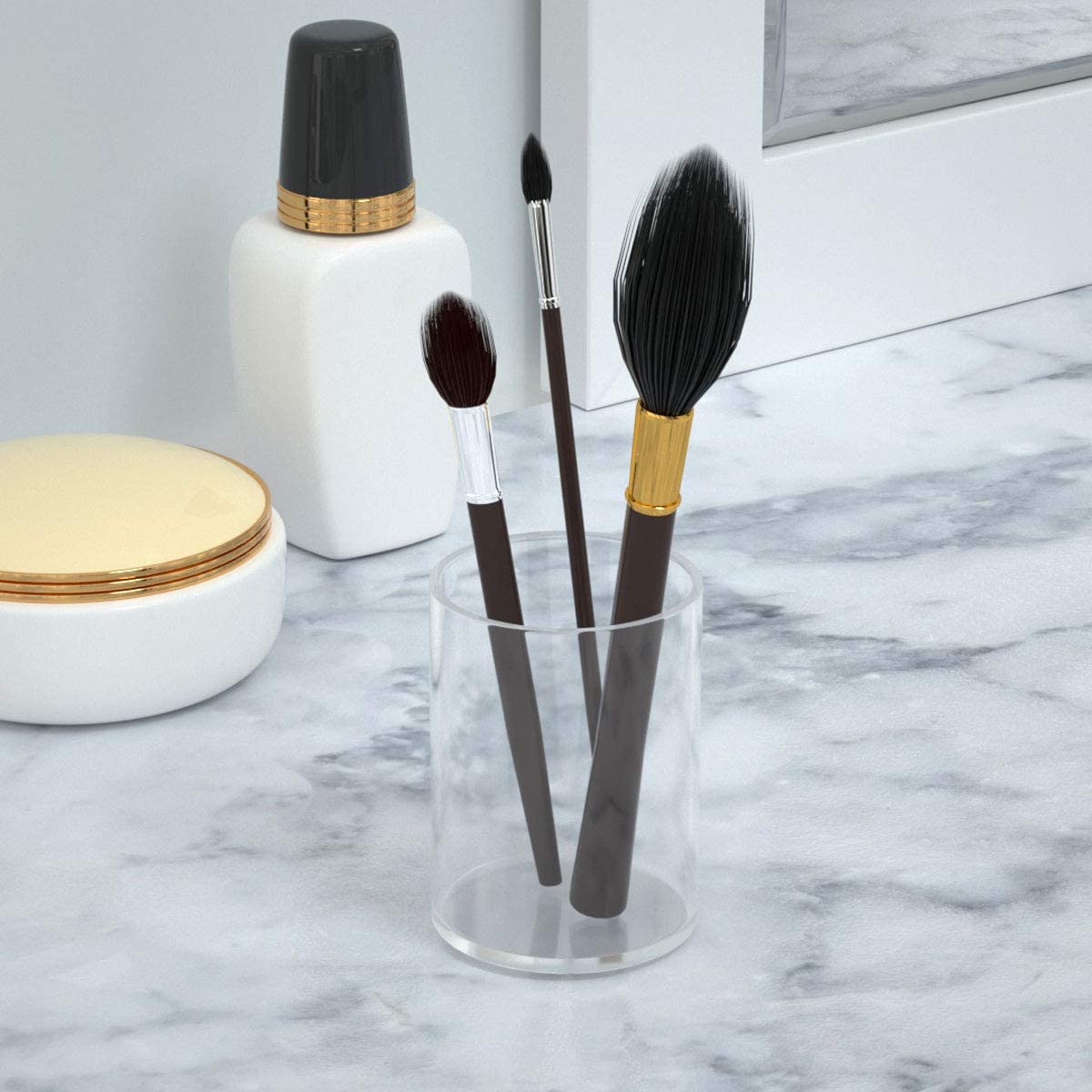 NIUBEE 4-Compartment Acrylic Pen Holder with Gold Copper Border - Stylish Desk Organizer for Pens, Pencils & Office Supplies | Perfect for Home, Office & Workspace Organization