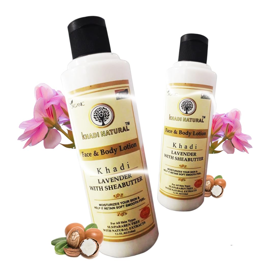 Khadi Natural Lavender & Shea Butter Face and Body Lotion 210ml - Soothing Moisturizer for Dry Skin, Hydrating Cream for Face & Body, Pack of 2 - Perfect for Daily Skincare Routine & Relaxing Aromatherapy