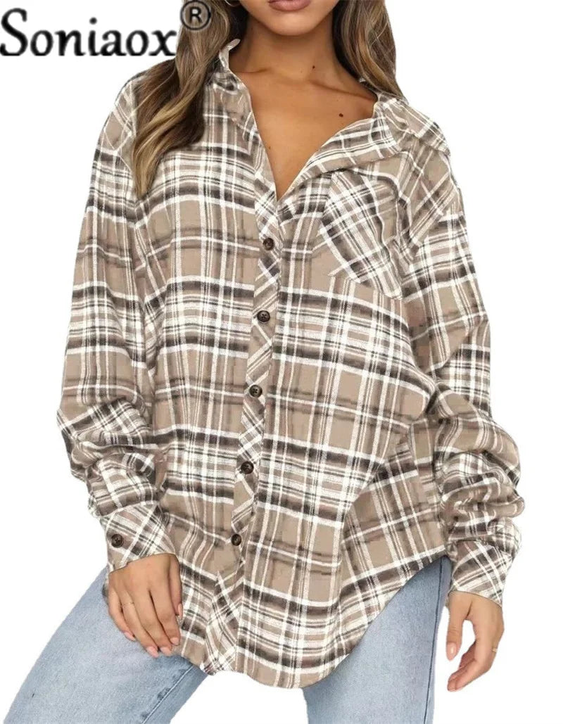 Women's Flannel Plaid Shirt - Soft Loose Fit Long Sleeve Button Down Blouse with Pockets | Casual Fall & Winter Layering Top for Outdoor Activities, Work & Everyday Wear