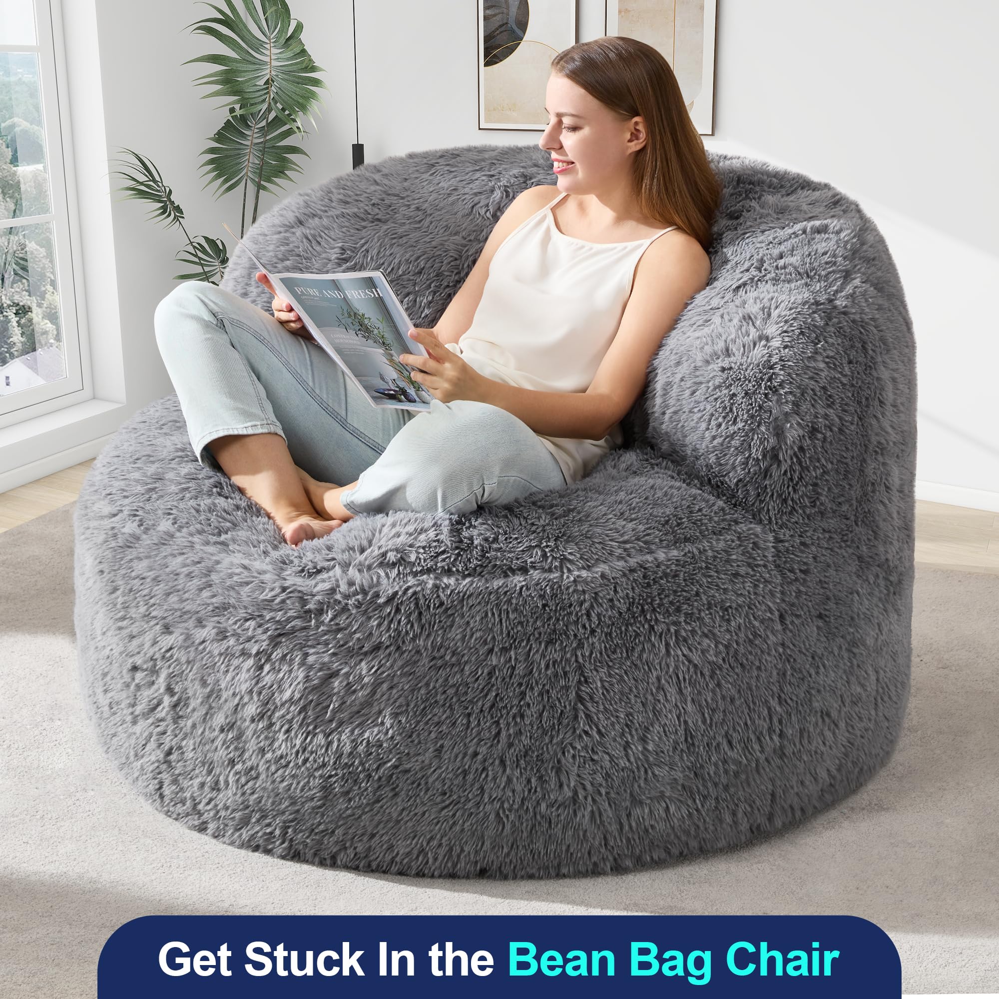 Extra Large Bean Bag Chair for Adults - Giant Foam Filled Lazy Sofa with Stuffed Back Support, Oversized Grey Beanbag - Perfect for Lounging, Gaming & Movie Nights in Living Room or Bedroom