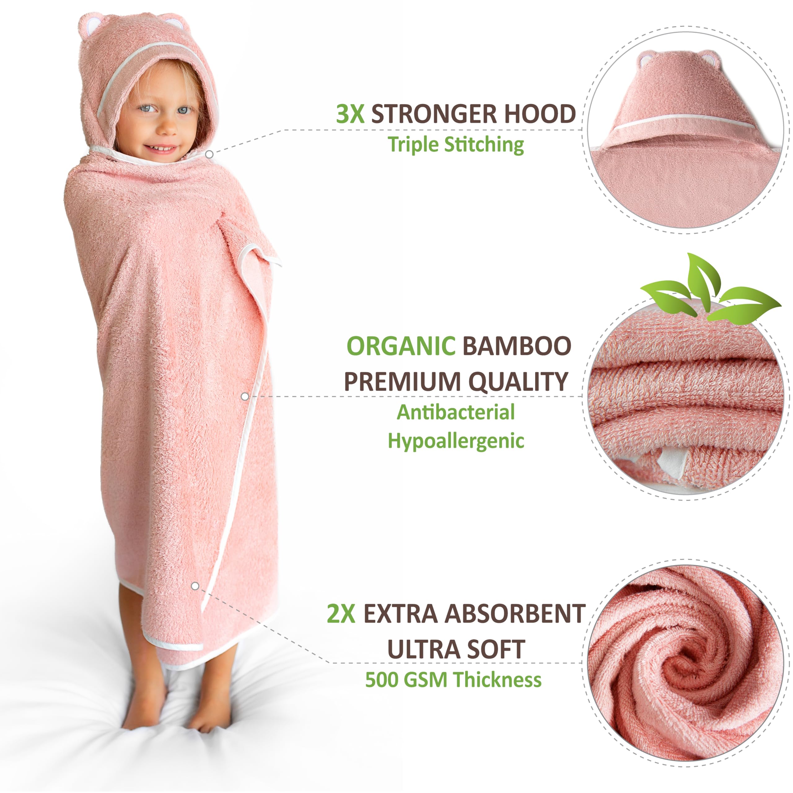 Premium Soft Bamboo Rayon Toddler Hooded Towel - Large Absorbent Baby Bath Towel for Boys & Girls - Ideal for Swimming, Bath Time & Beach (Pink)