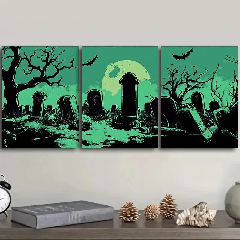 3-Piece Graveyard Halloween Metal Wall Art Prints - Ready to Hang Spooky Home Decor for Haunted House, Gothic Room & Halloween Party Decorations