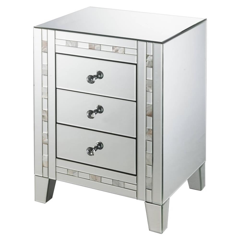 Acme NASA Glass Nightstand with 3 Drawers - Mirrored & Mother of Pearl Finish - Modern Bedroom Furniture for Small Spaces & Contemporary Home Decor