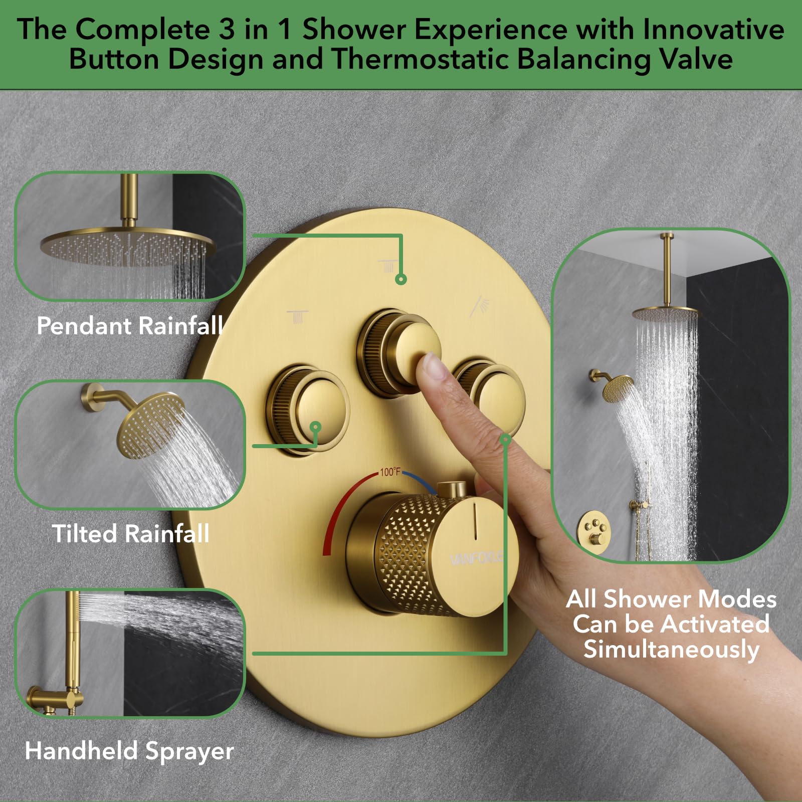 VANFOXLE Thermostatic Shower Faucet Set - Brushed Gold Shower System with Push Button Diverter, 2-in-1 Handheld Shower Head & 12 Inch Ceiling Mount Rain Shower Head - Perfect for Modern Bathroom Renovation and Luxury Spa Experience