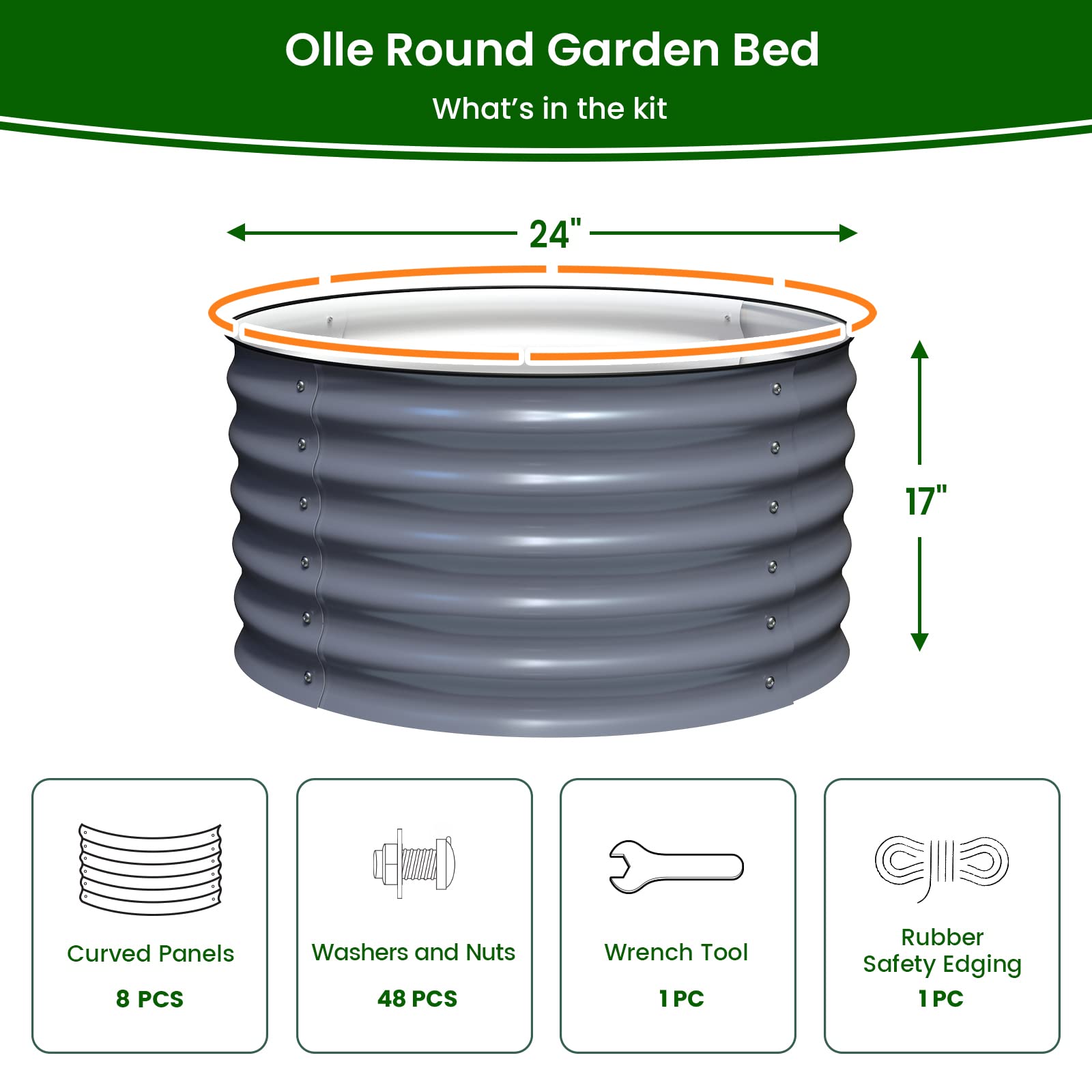 Olle 2 Pack 17 Inch Tall Durable Round Raised Garden Beds - Outdoor Vegetable Planter Boxes for Herbs, Vegetables, Flowers (Mid-Grey, 24x17 Inch) - Perfect for Backyard Gardening, Patio Decor & Small Space Planting
