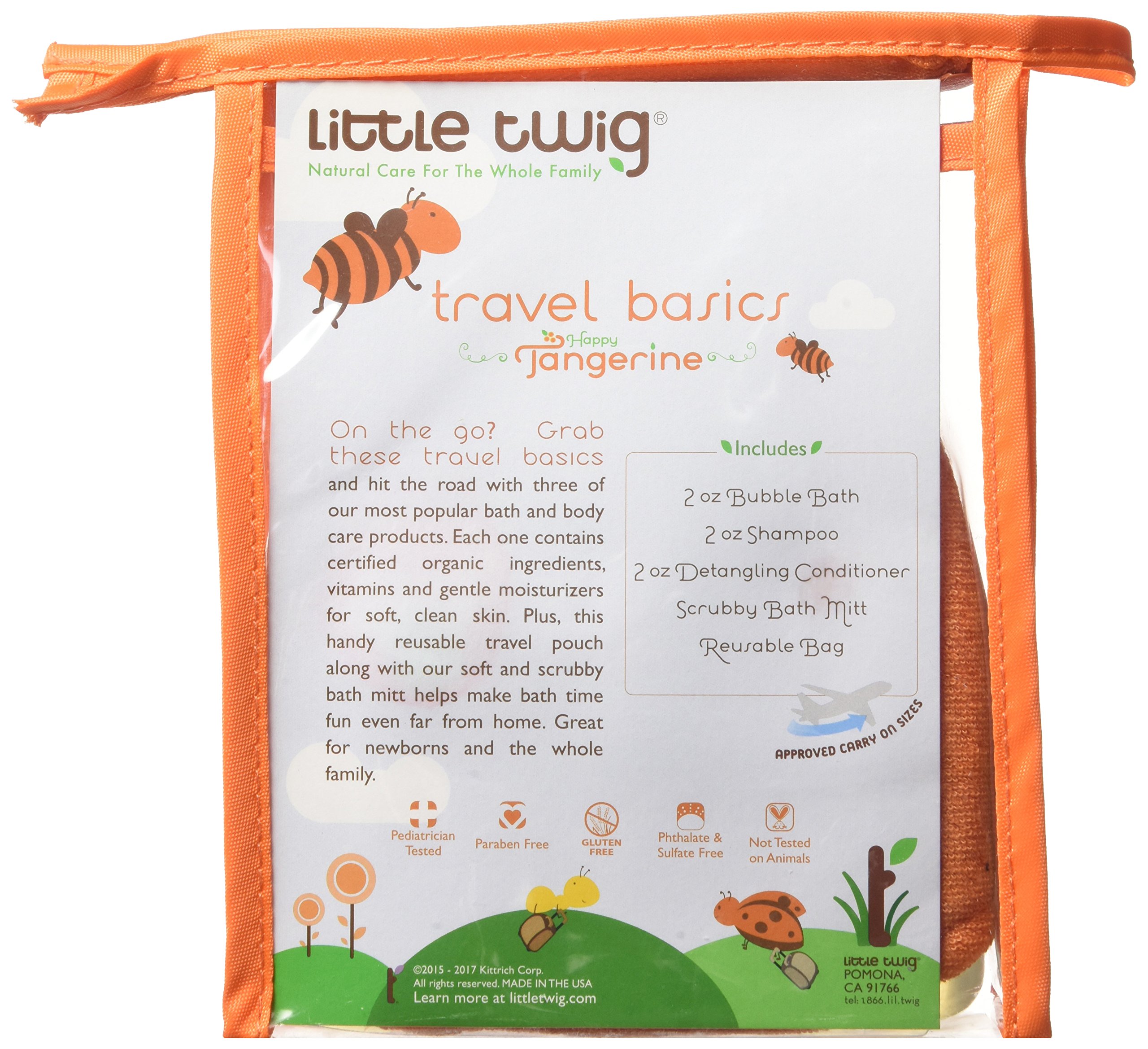 Little Twig All Natural Hypoallergenic Baby Travel Essentials Gift Set - 4 Piece Kit with Ladybug Bath Mitt, Happy Tangerine Scent (2oz Bottles) | Perfect for Newborns, Baby Showers & Traveling Families
