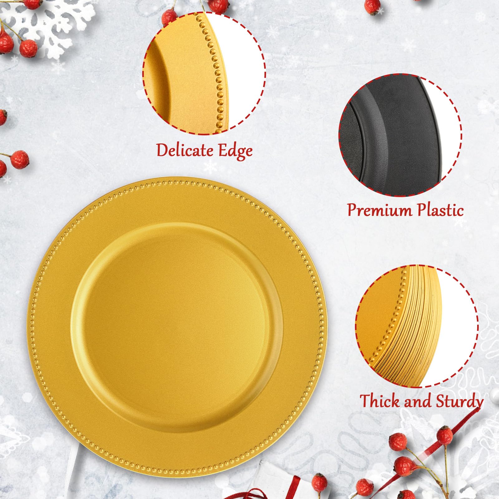 Dandat 50 Pack 13 Inch Gold Plastic Charger Plates with Beaded Rim - Reusable Round Dinner Plates for Wedding, Party & Formal Dining Table Decor - Elegant Table Setting for Special Occasions