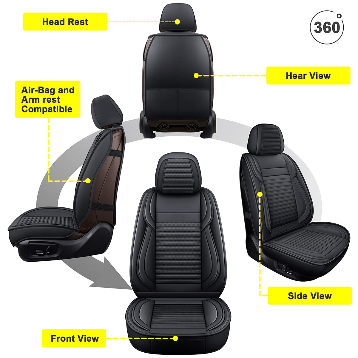 LINGVIDO Universal Car Seat Covers - Breathable Waterproof Faux Leather Auto Seat Protectors for Cars, SUVs, Trucks & Sedans | Anti-Slip Driver & Passenger Seat Covers with Backrest (2-Piece Set, Black) | Perfect for Daily Commute, Road Trips & Family Travel