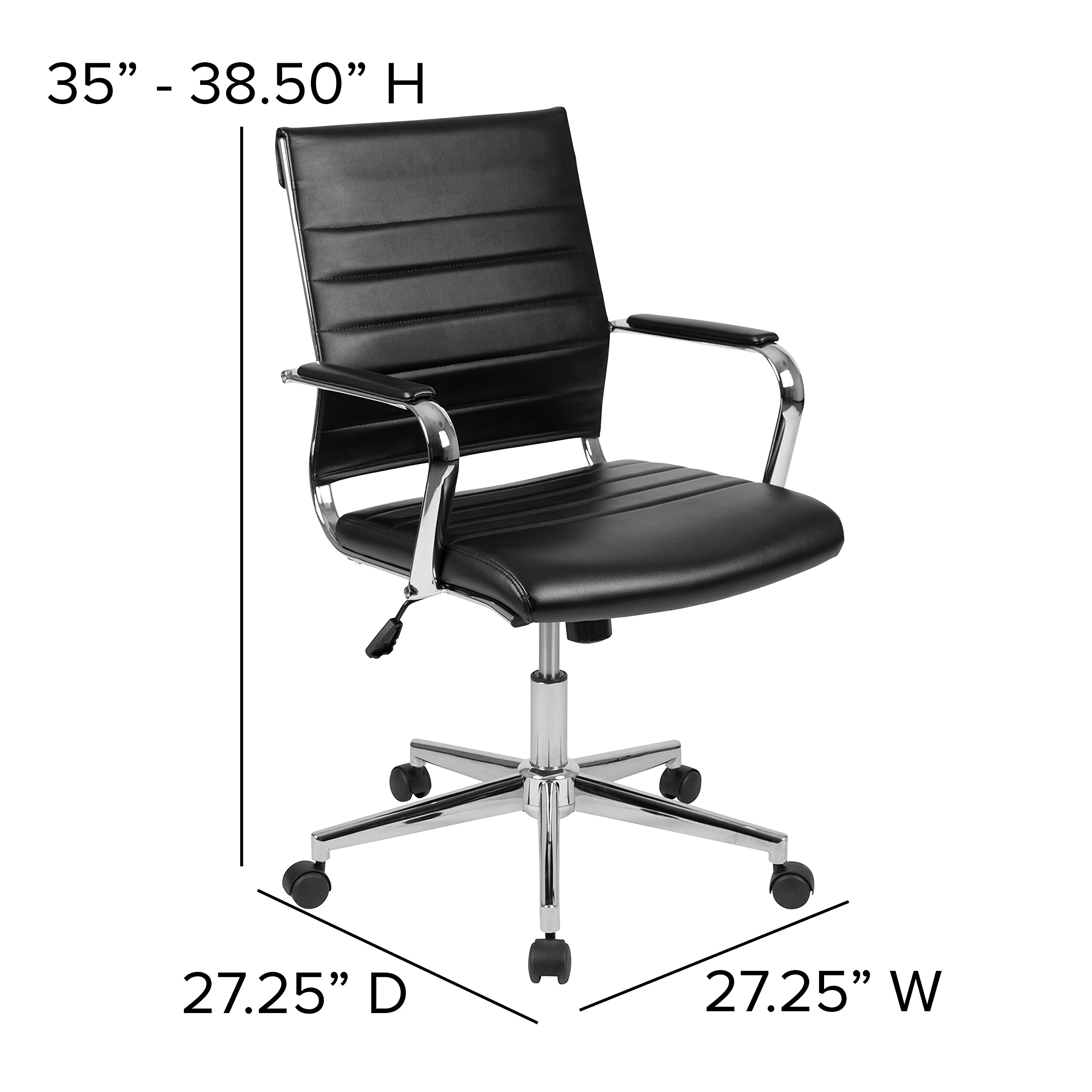 Premium Mid-Back Black LeatherSoft Executive Office Chair with Ribbed Design & 360° Swivel - Ergonomic Desk Chair for Home Office, Conference Room & Workspace