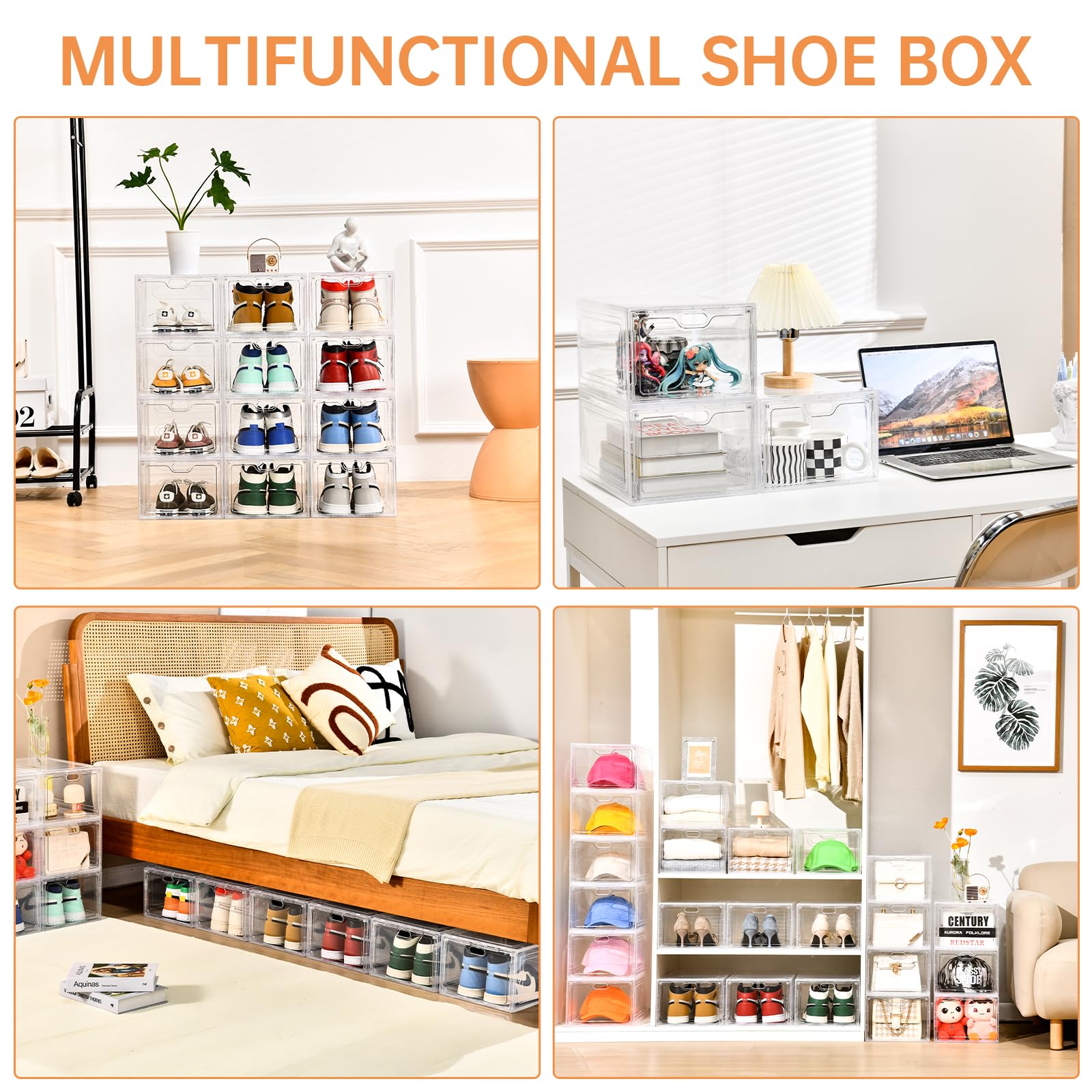 6 Pack Clear Large Shoe Storage Box with Magnetic Door - Stackable Shoe Organizer for Sneakers Display | Fits Up to US Size 12 | Easy Assembly | Perfect for Closet Organization, Bedroom Storage & Sneaker Collection Display