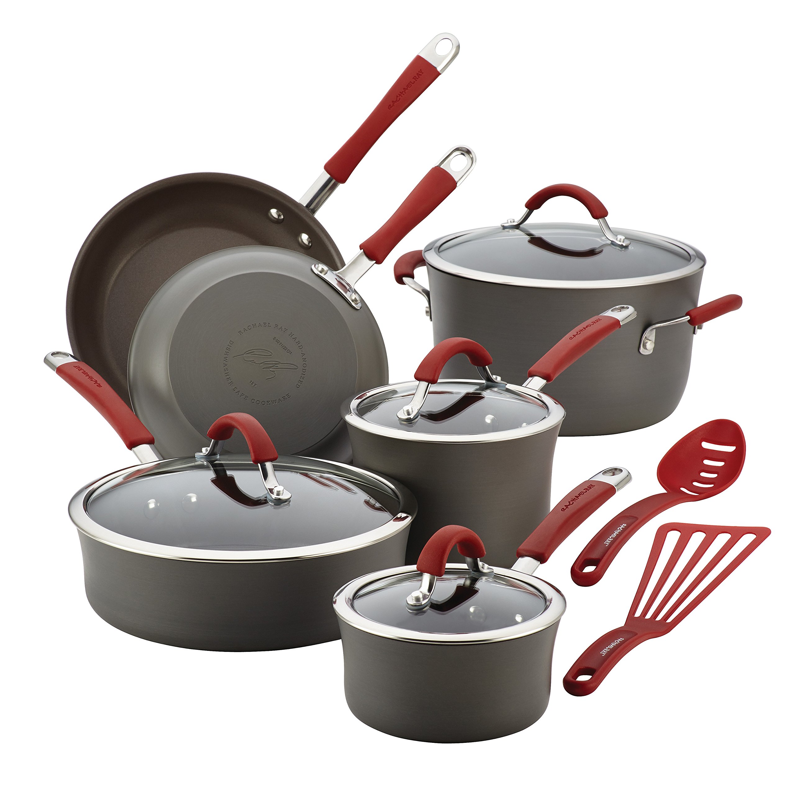 Rachael Ray 12-Piece Nonstick Cookware & Bakeware Set - Gray & Red Grips, Includes Bread Pan, Baking Pan, Cake Pans & Cookie Sheet - Perfect for Baking, Cooking & Entertaining at Home