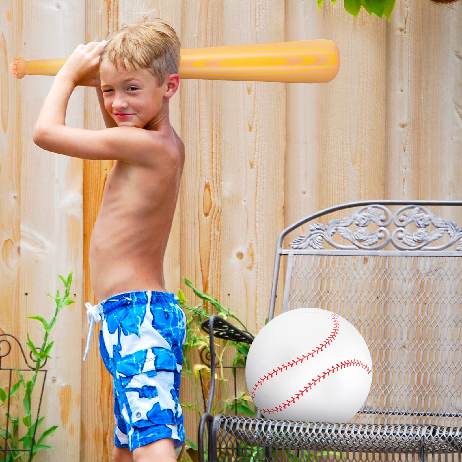 3-Pack Inflatable Baseball Beach Ball & Bat Set - Large Baseball Beach Ball & 2 Blow-Up Bats for Pool Party, Sports Games, Beach Decorations & Summer Outdoor Activities