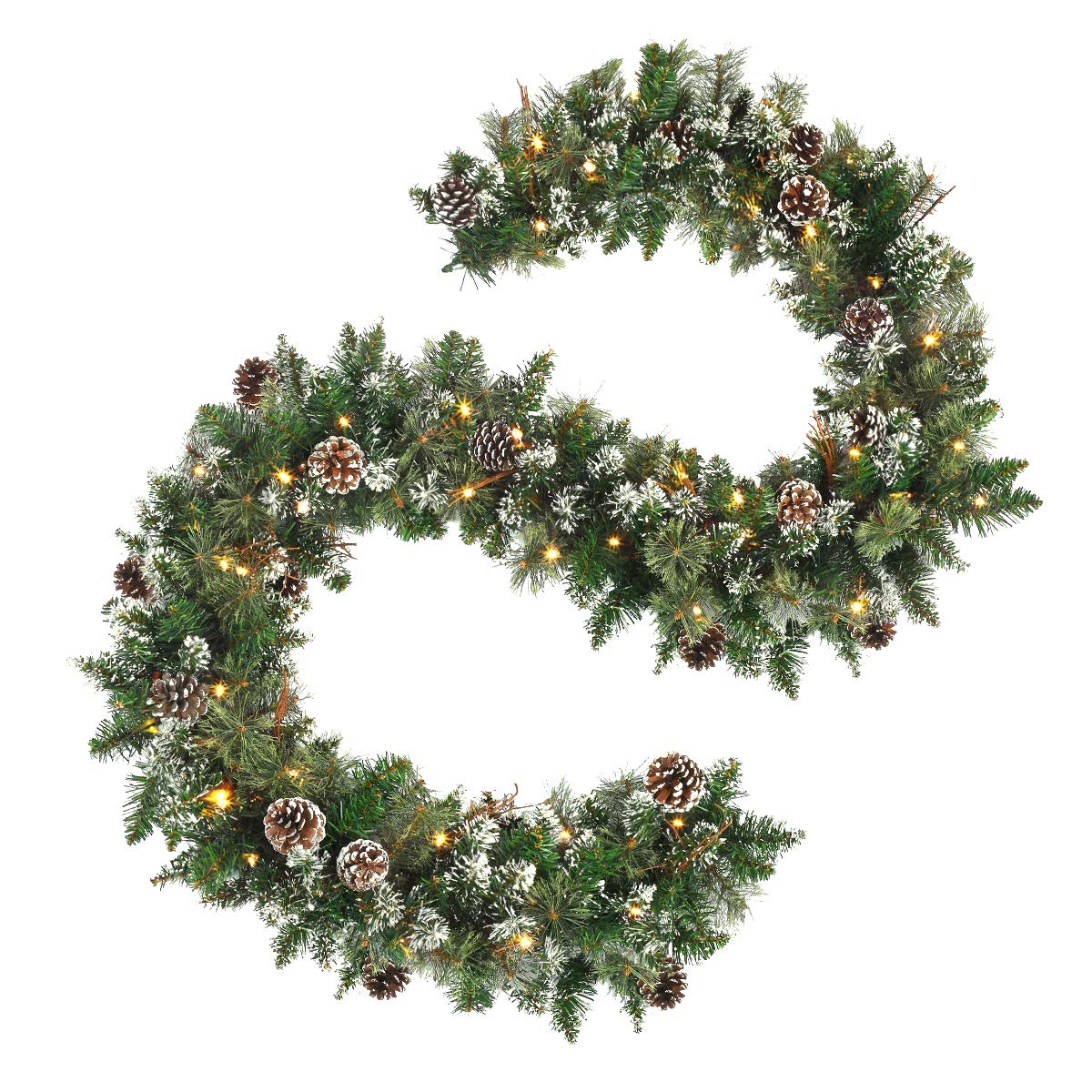 9 FT Prelit Christmas Garland with Pine Cones - Artificial Snowy Pine Garland with 50 LED Warm White Battery Operated Lights & Timer - Indoor Outdoor Holiday Decor for Fireplace, Mantel, Staircase & Doorway