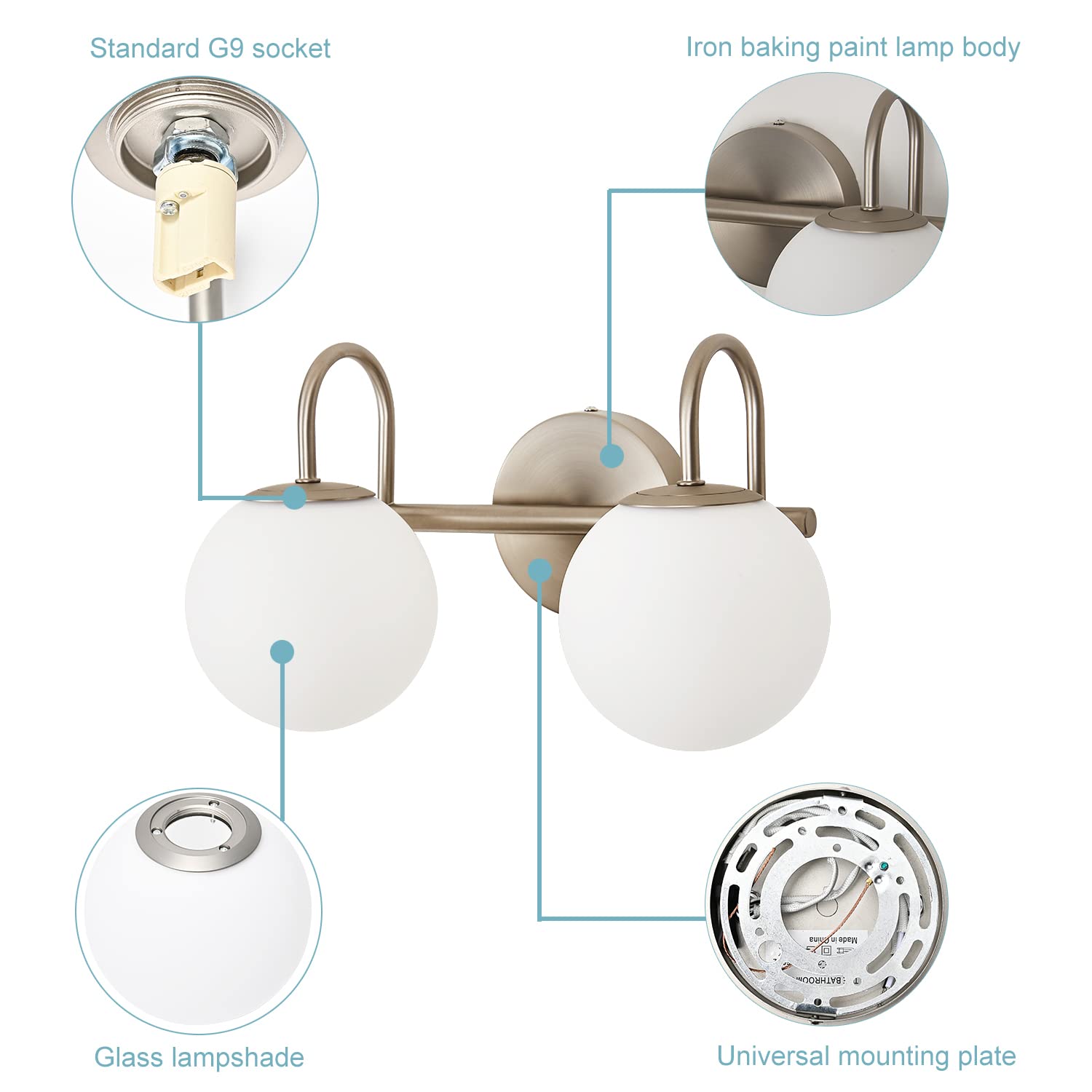 Modern Brushed Nickel Bathroom Vanity Light Fixtures - 2 Lights with Milk White Globe Glass Shade, Wall Sconce for Mirror Lighting (G9 Bulb Not Included) - Perfect for Contemporary Bathrooms, Powder Rooms & Vanity Areas