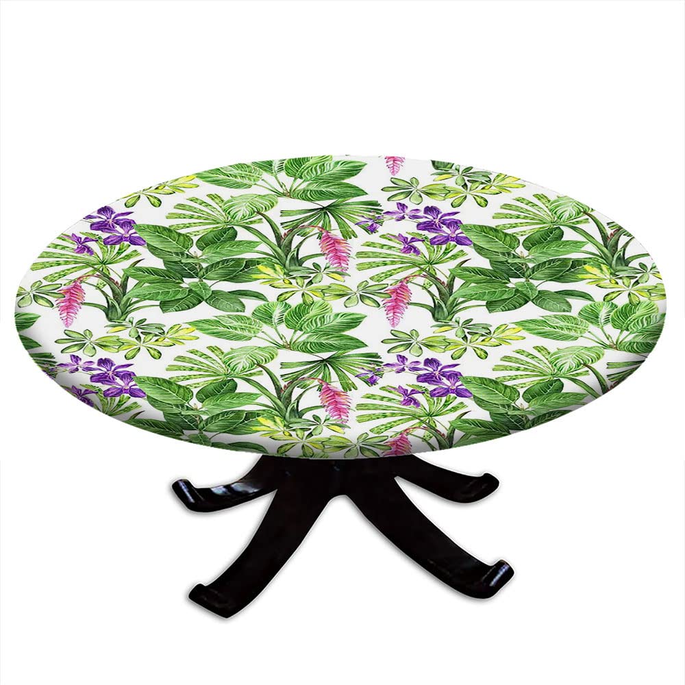 Waterproof Round Tablecloth with Elastic Edge - Tropical Palm Leaves Design for 52 Inch Dining Tables, Buffet Parties & Camping | Wipeable, Durable & Perfect for Outdoor/Indoor Use