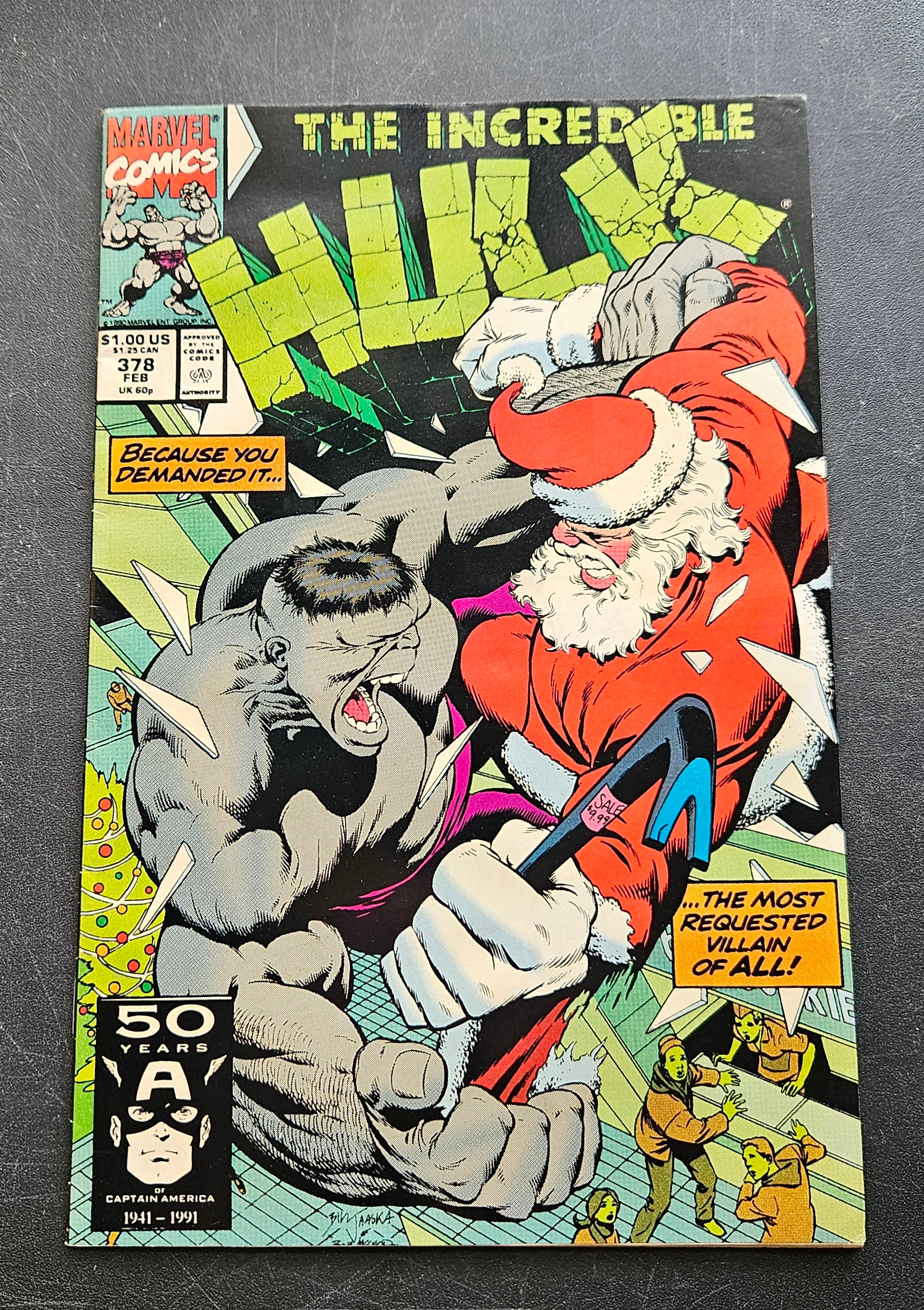 The Incredible Hulk #378 Rhino Plastered (Christmas Story) February 1991 Marvel Comic Book - Collectible Vintage Superhero Gift for Fans & Holiday Decor