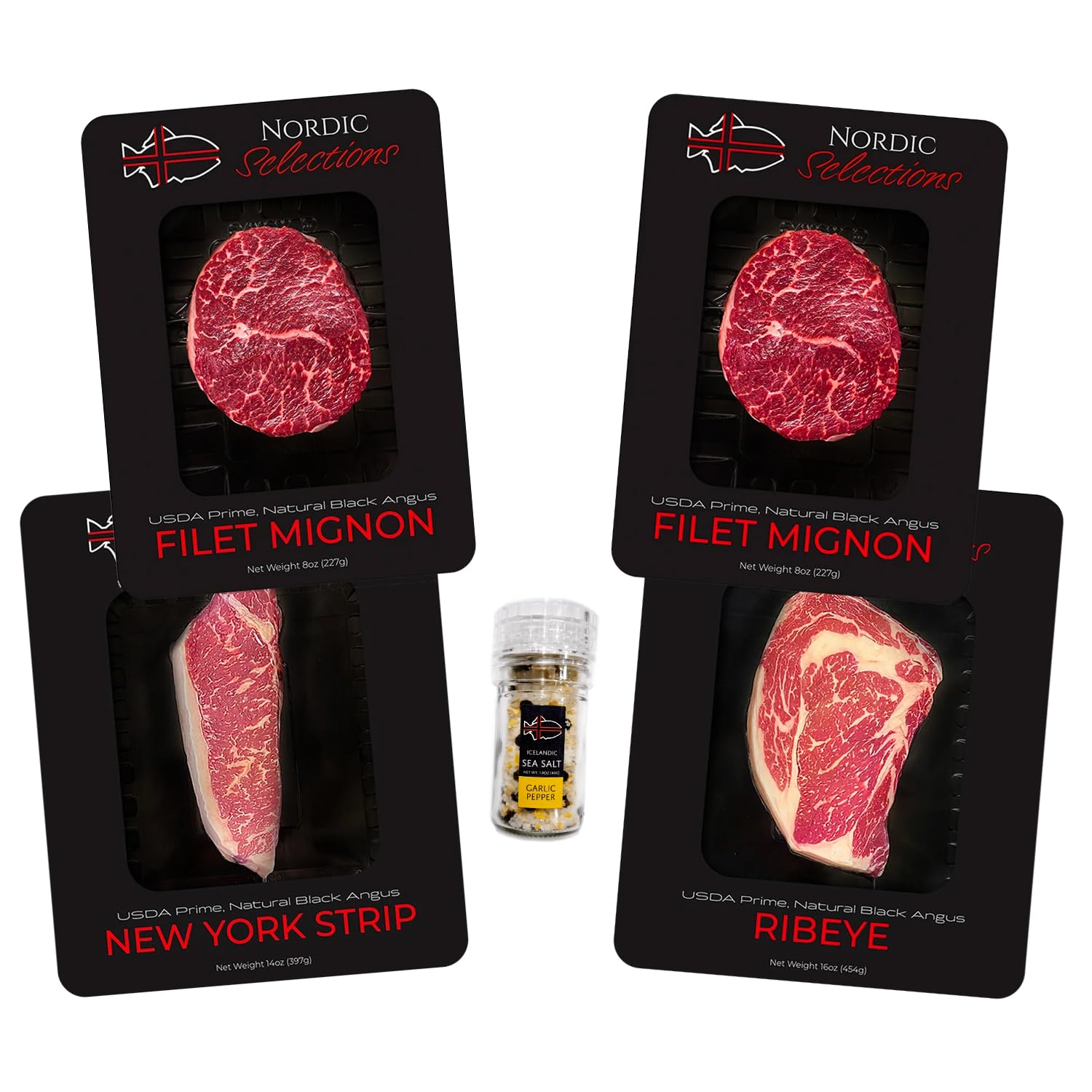 Premium USDA Prime Grass-Fed Black Angus Steak Bundle - 4 Steaks (16oz Ribeye, 14oz NY Strip, 2x8oz Filet Mignon) with Garlic Pepper Sea Salt - Perfect for Grilling, BBQ & Special Occasions