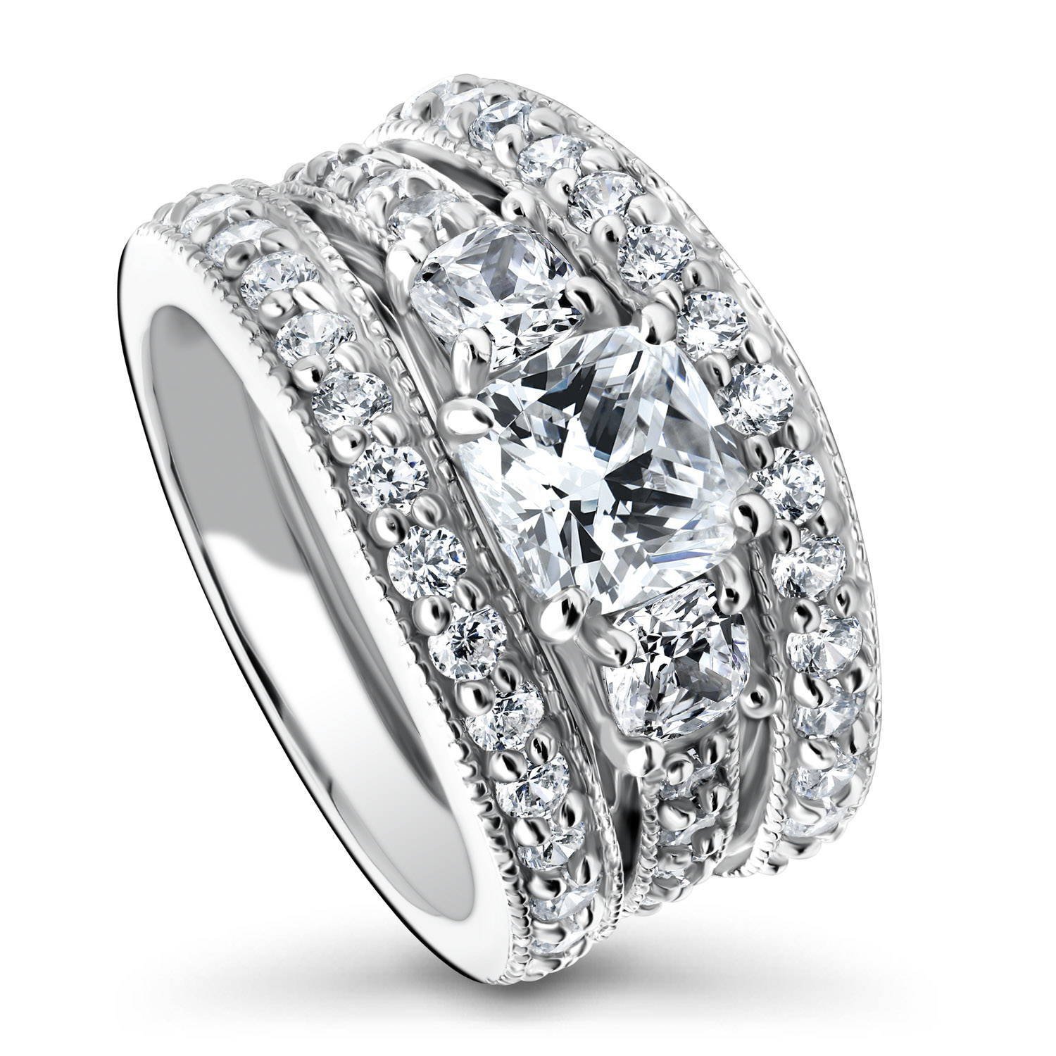 BERRICLE Sterling Silver 3-Stone Wedding Engagement Ring Set for Women - 1.5 Carat Cushion Cut Cubic Zirconia CZ, Rhodium Plated, Size 4-10 | Perfect for Proposals, Anniversaries & Bridal Jewelry