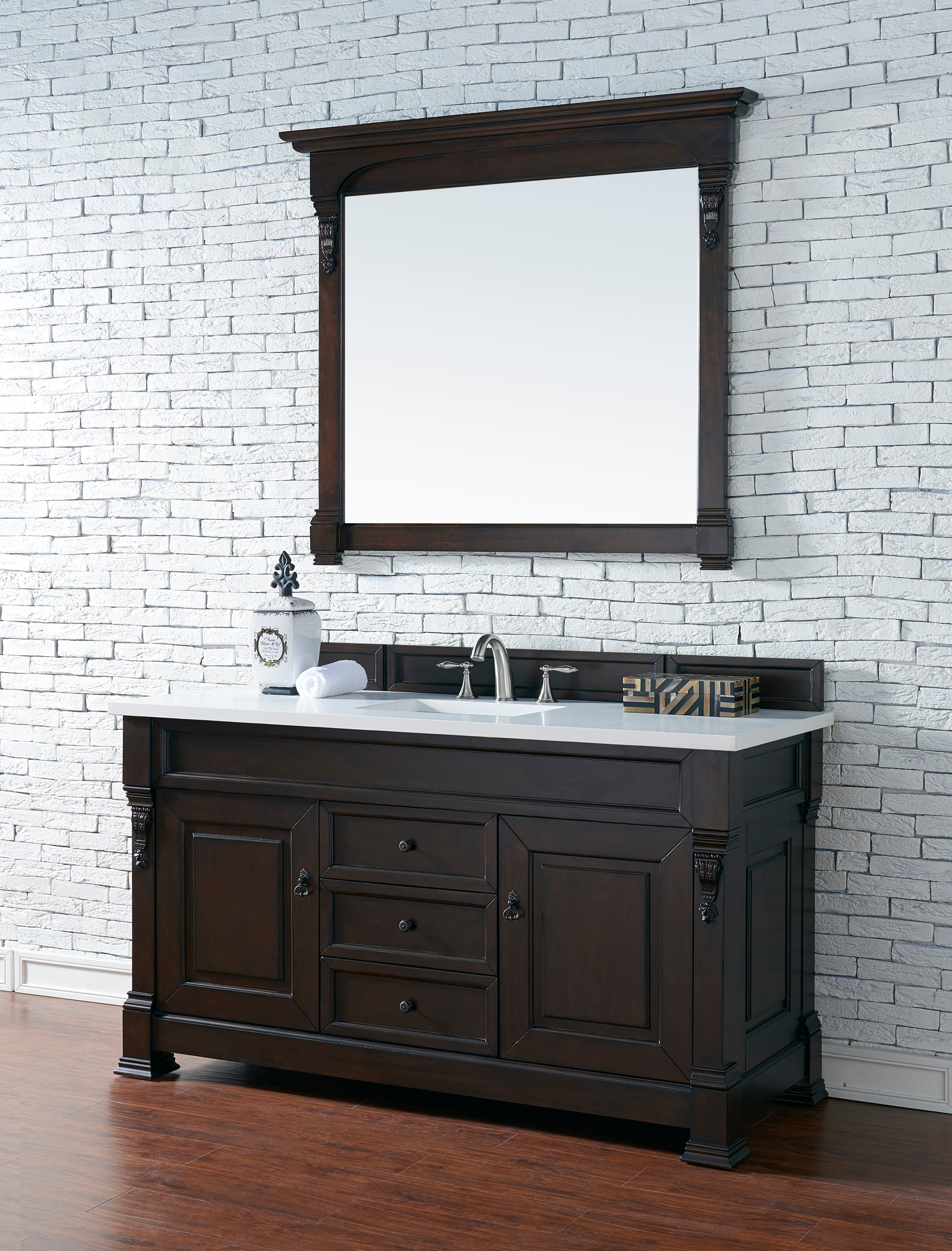 Brookfield 60 Inch Single Bathroom Vanity with Burnished Mahogany Cabinet & 3CM Classic White Quartz Countertop - Perfect for Modern Home Bathroom Remodeling