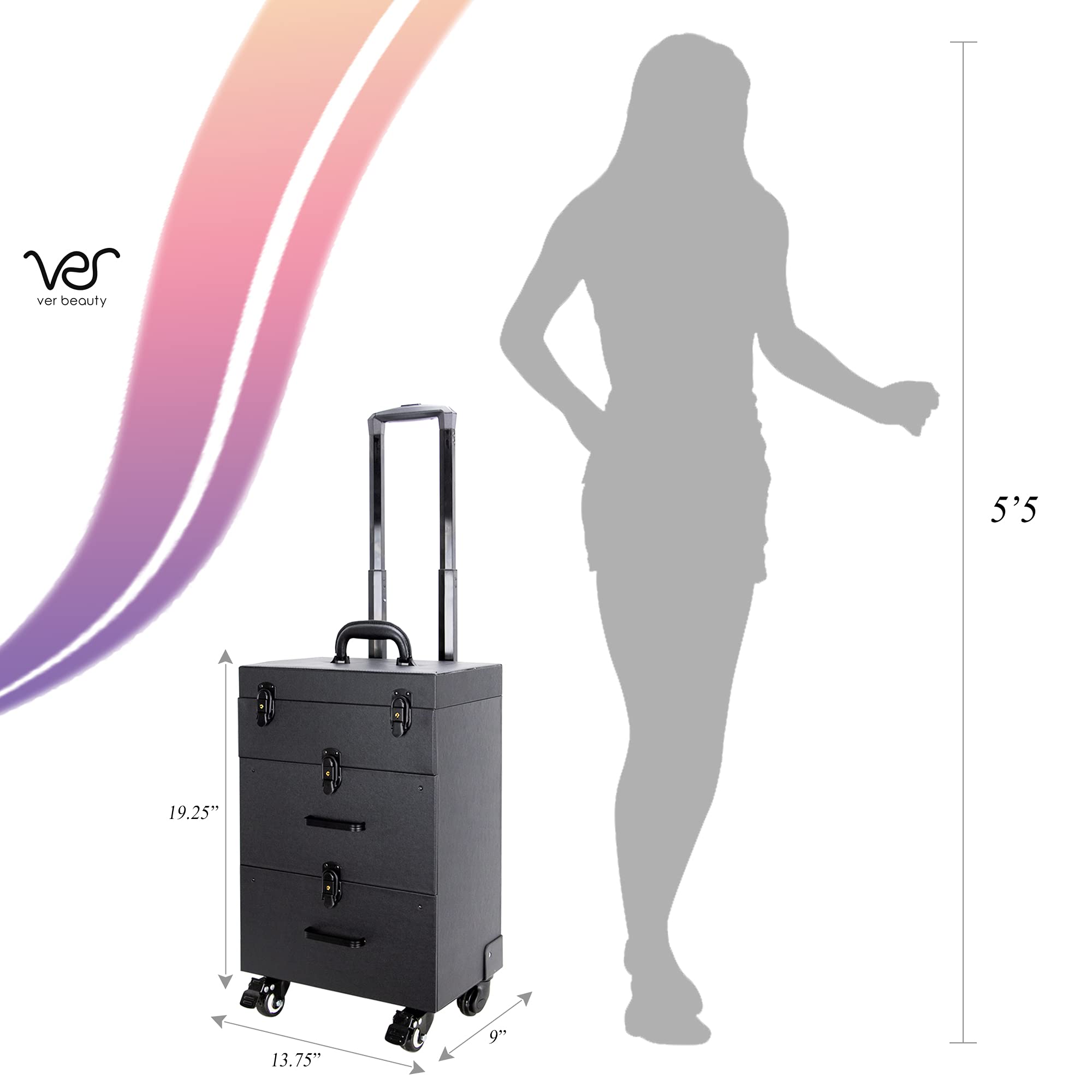 Ver Beauty Rolling Makeup Trolley Case - 360° Swivel Wheels Professional Cosmetic Organizer for Salon, Hair Stylist & Nail Artists - Faux Leather Black | Perfect for Mobile Beauty Services & Salon Organization