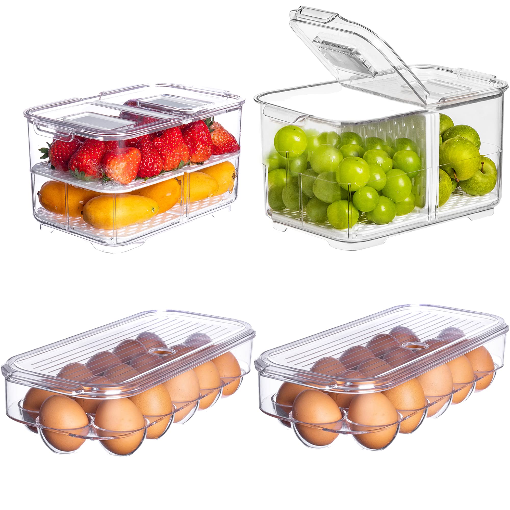 Set of 4 Stackable Refrigerator Organizer Bins - Fruit Storage Containers, Egg Holder & Berry Keepers with Handles for Fridge & Freezer - Perfect for Kitchen Organization & Food Storage