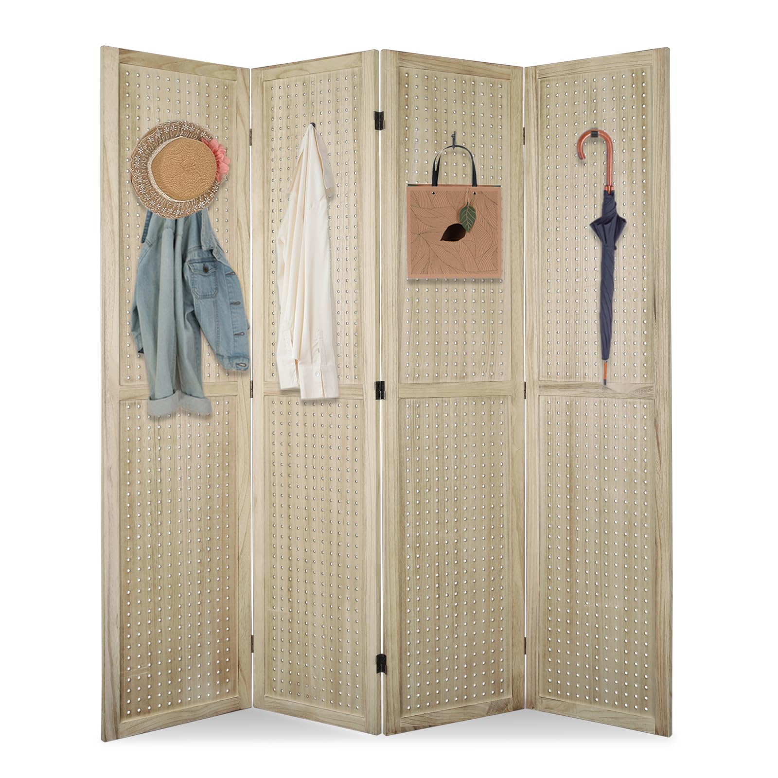 ECOMEX 4 Panel Wooden Room Divider - 5.6Ft Freestanding Folding Privacy Screen with Pegboard Display for Home Office, Trade Shows & Craft Fairs - Natural Wood Wall Organizer for Stylish Space Division